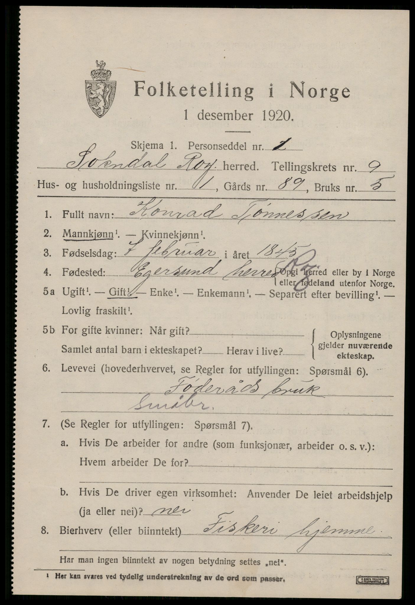 SAST, 1920 census for Sokndal, 1920, p. 5339