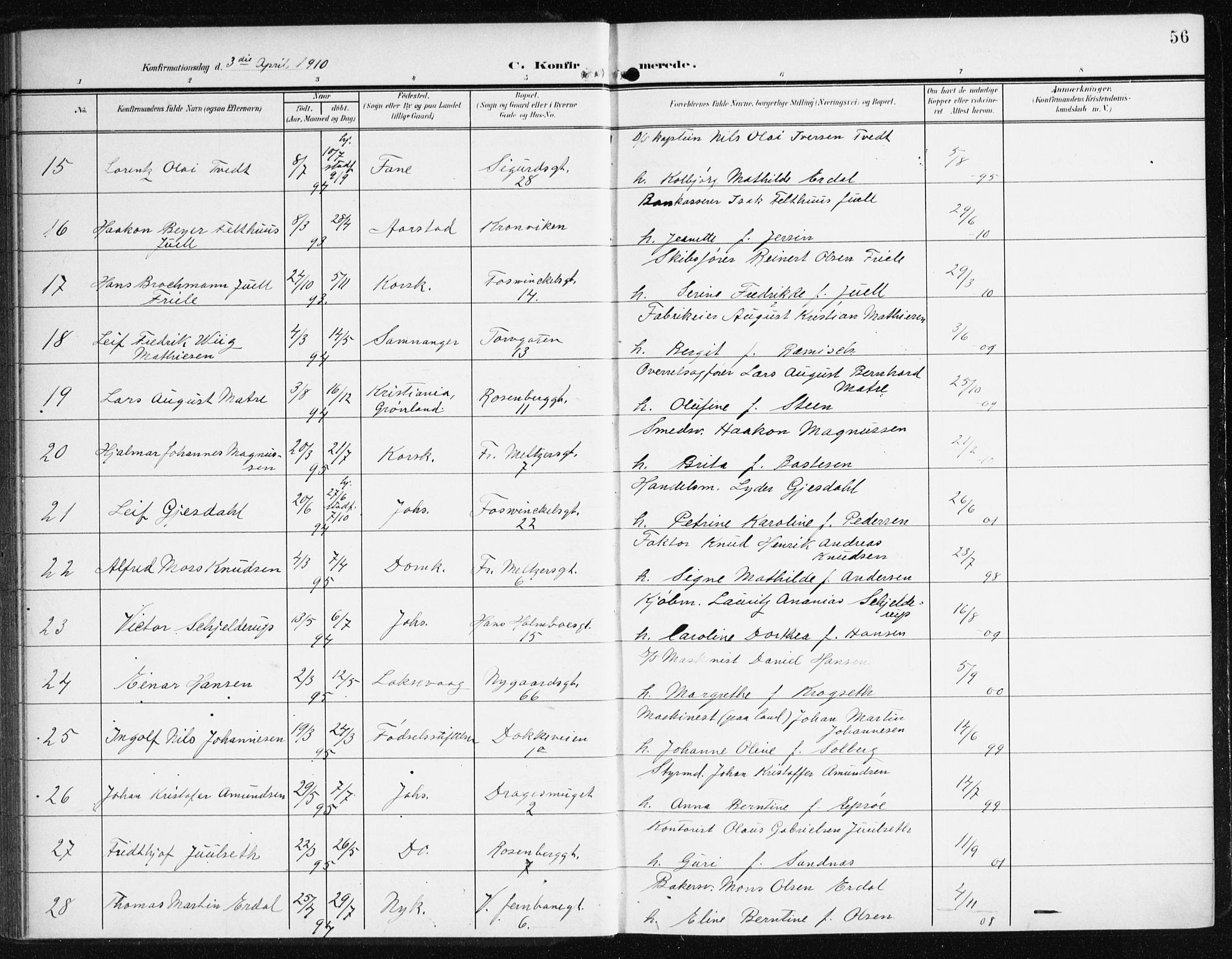 Johanneskirken sokneprestembete, AV/SAB-A-76001/H/Haa/L0009: Parish register (official) no. C 2, 1907-1924, p. 56