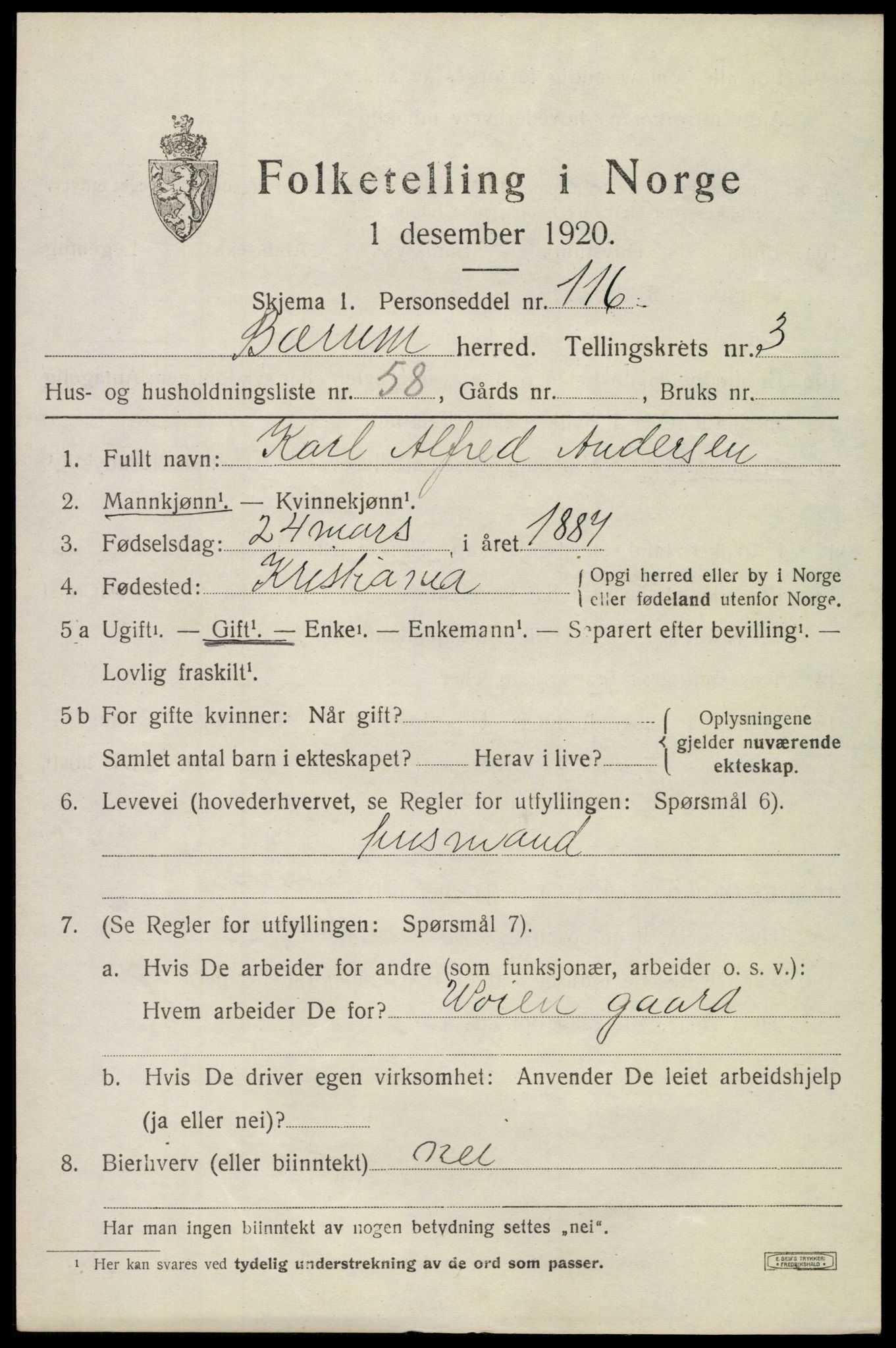 SAO, 1920 census for Bærum, 1920, p. 8216