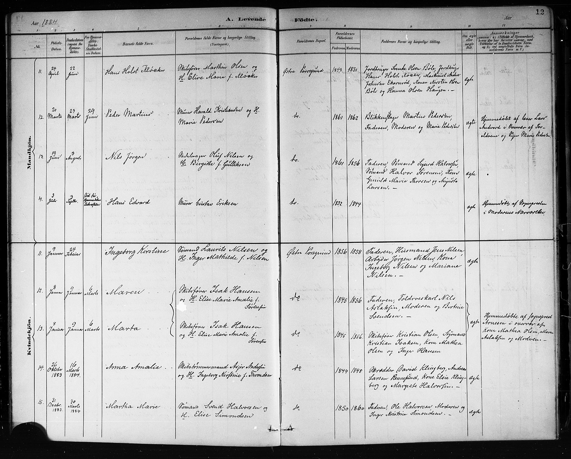 Porsgrunn kirkebøker , AV/SAKO-A-104/G/Gb/L0005: Parish register (copy) no. II 5, 1883-1915, p. 12