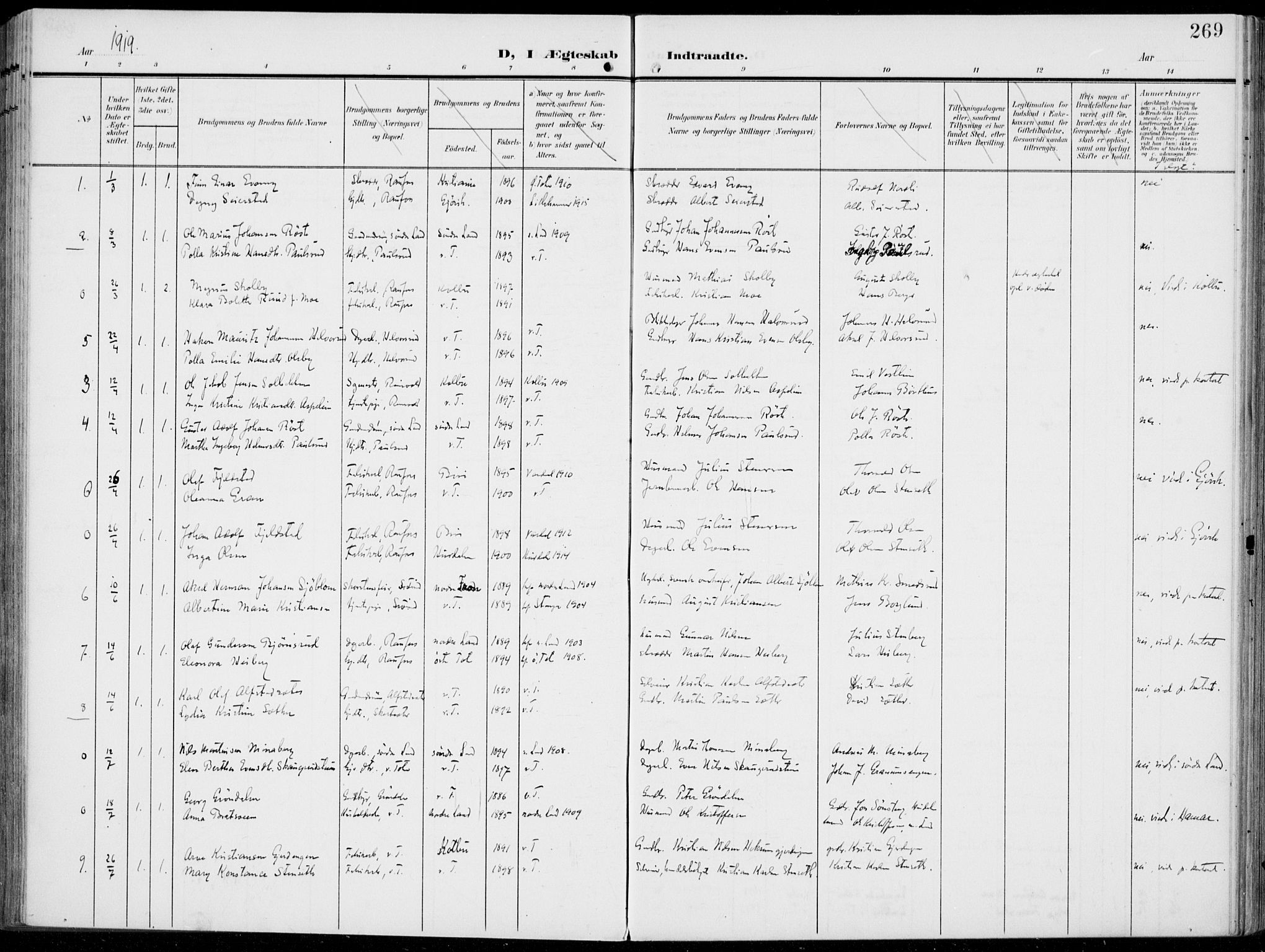 Vestre Toten prestekontor, SAH/PREST-108/H/Ha/Haa/L0014: Parish register (official) no. 14, 1907-1920, p. 269