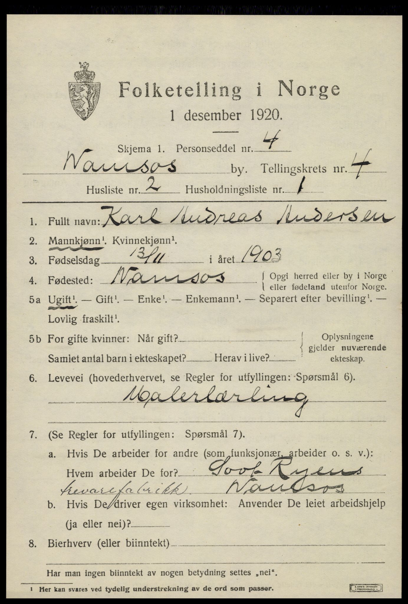 SAT, 1920 census for Namsos, 1920, p. 4851