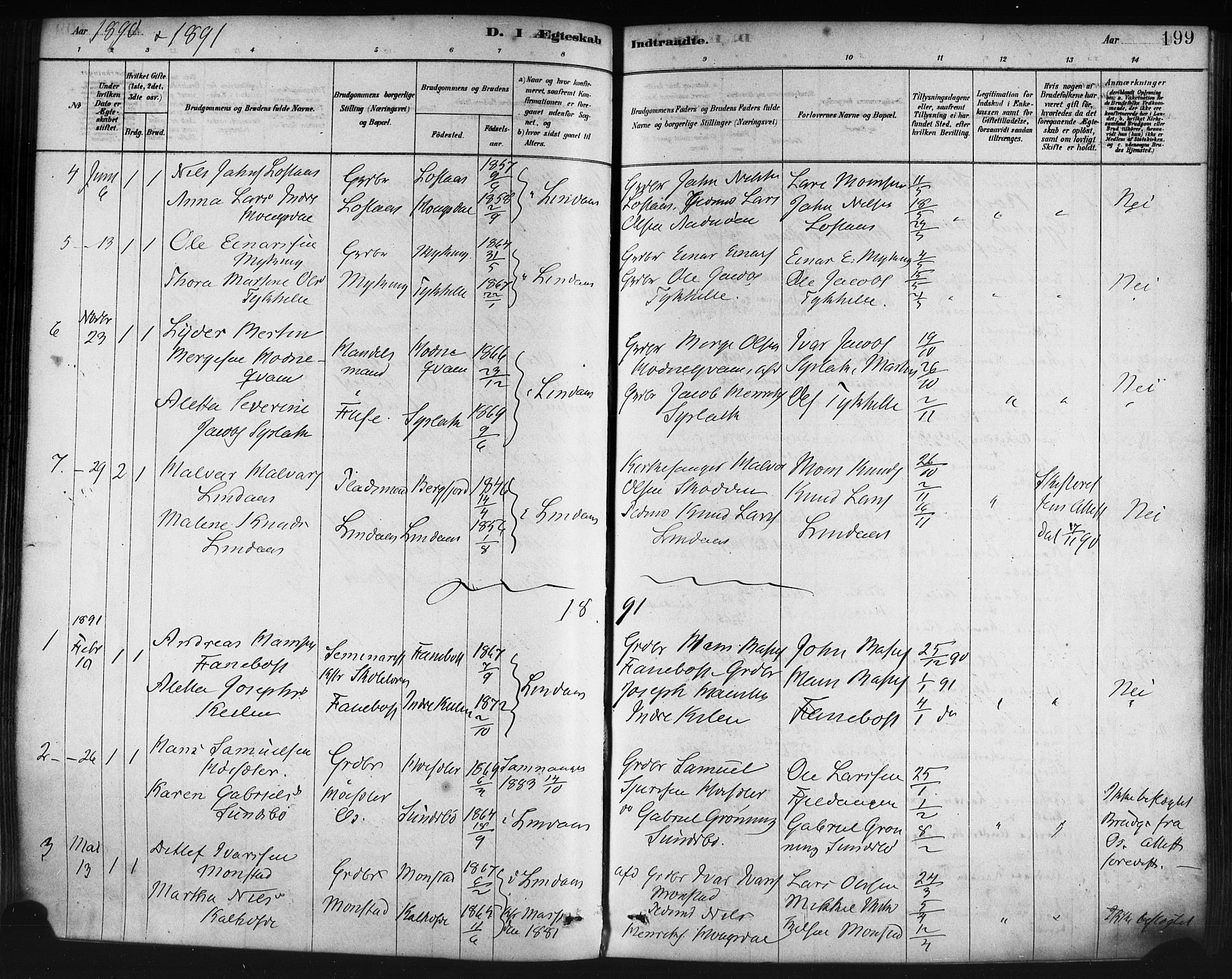 Lindås Sokneprestembete, SAB/A-76701/H/Haa: Parish register (official) no. A 19, 1878-1912, p. 199