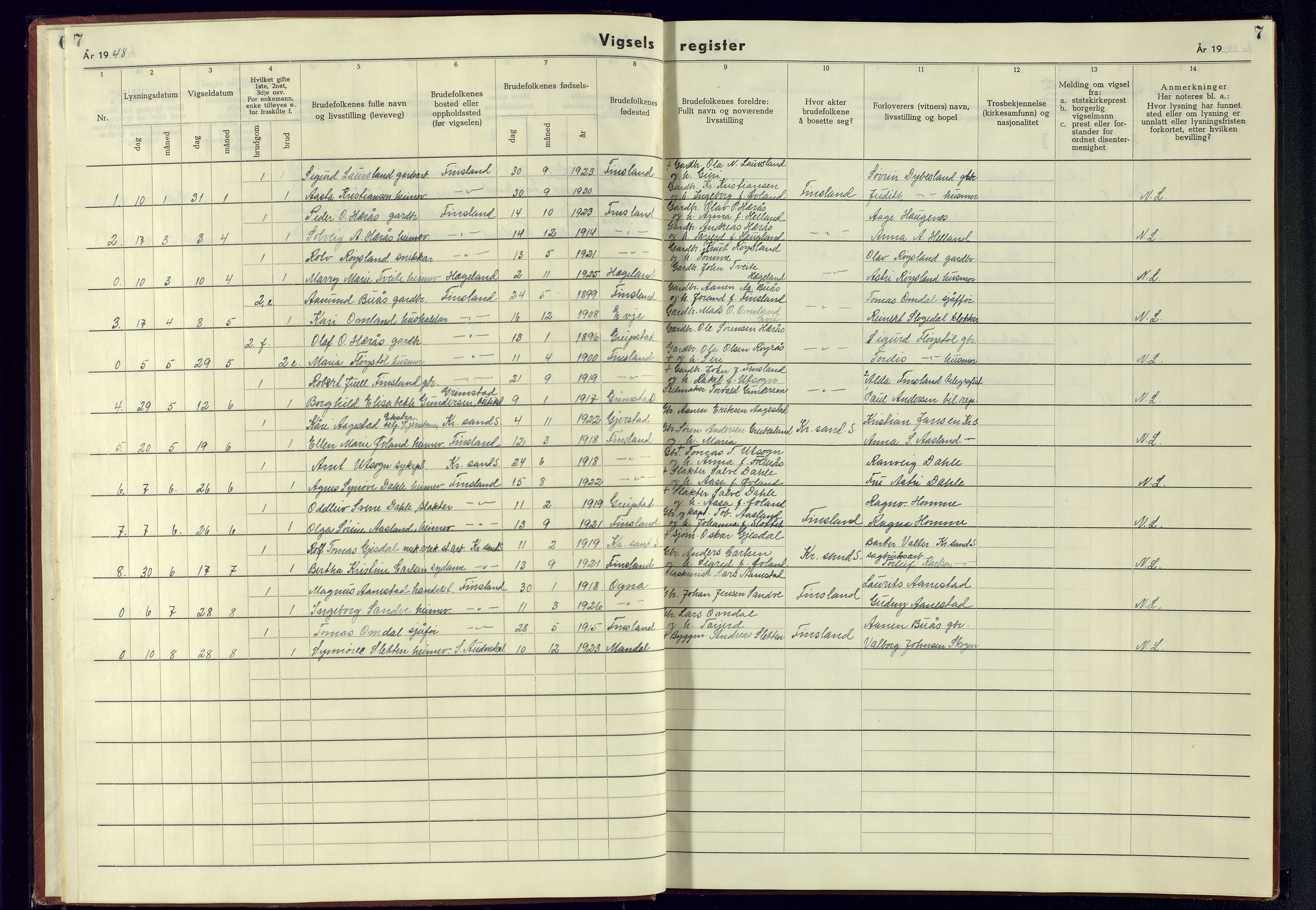Bjelland sokneprestkontor, SAK/1111-0005/J/Jb/L0009: Marriage register no. II.6.9, 1942-1956, p. 7