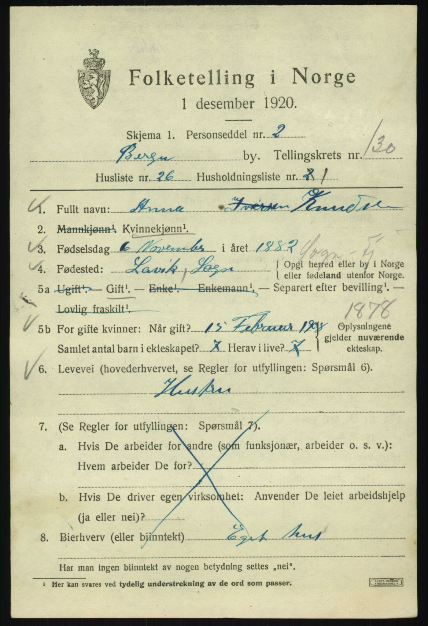 SAB, 1920 census for Bergen, 1920, p. 219385