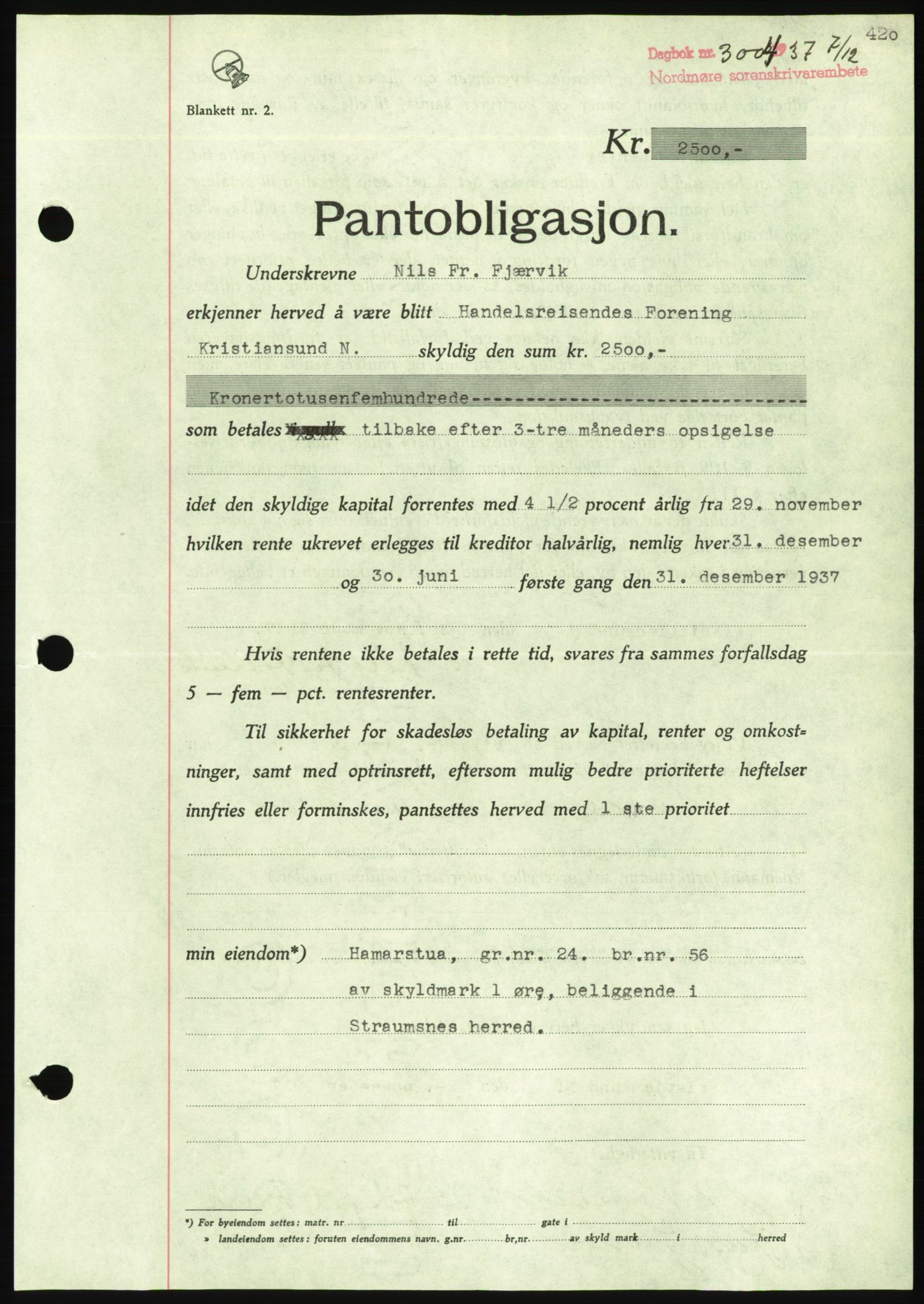 Nordmøre sorenskriveri, AV/SAT-A-4132/1/2/2Ca/L0092: Mortgage book no. B82, 1937-1938, Diary no: : 3004/1937