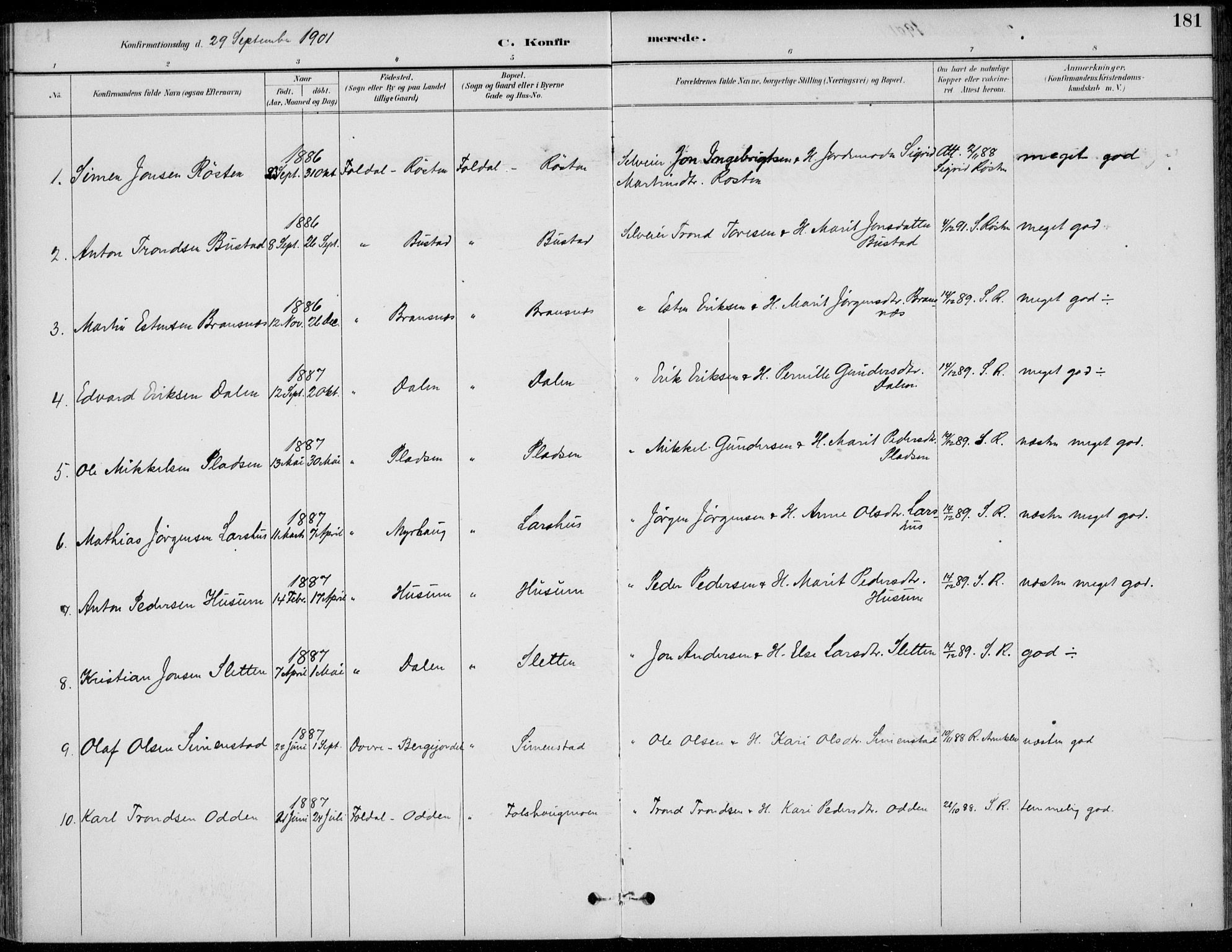 Alvdal prestekontor, AV/SAH-PREST-060/H/Ha/Haa/L0003: Parish register (official) no. 3, 1886-1912, p. 181