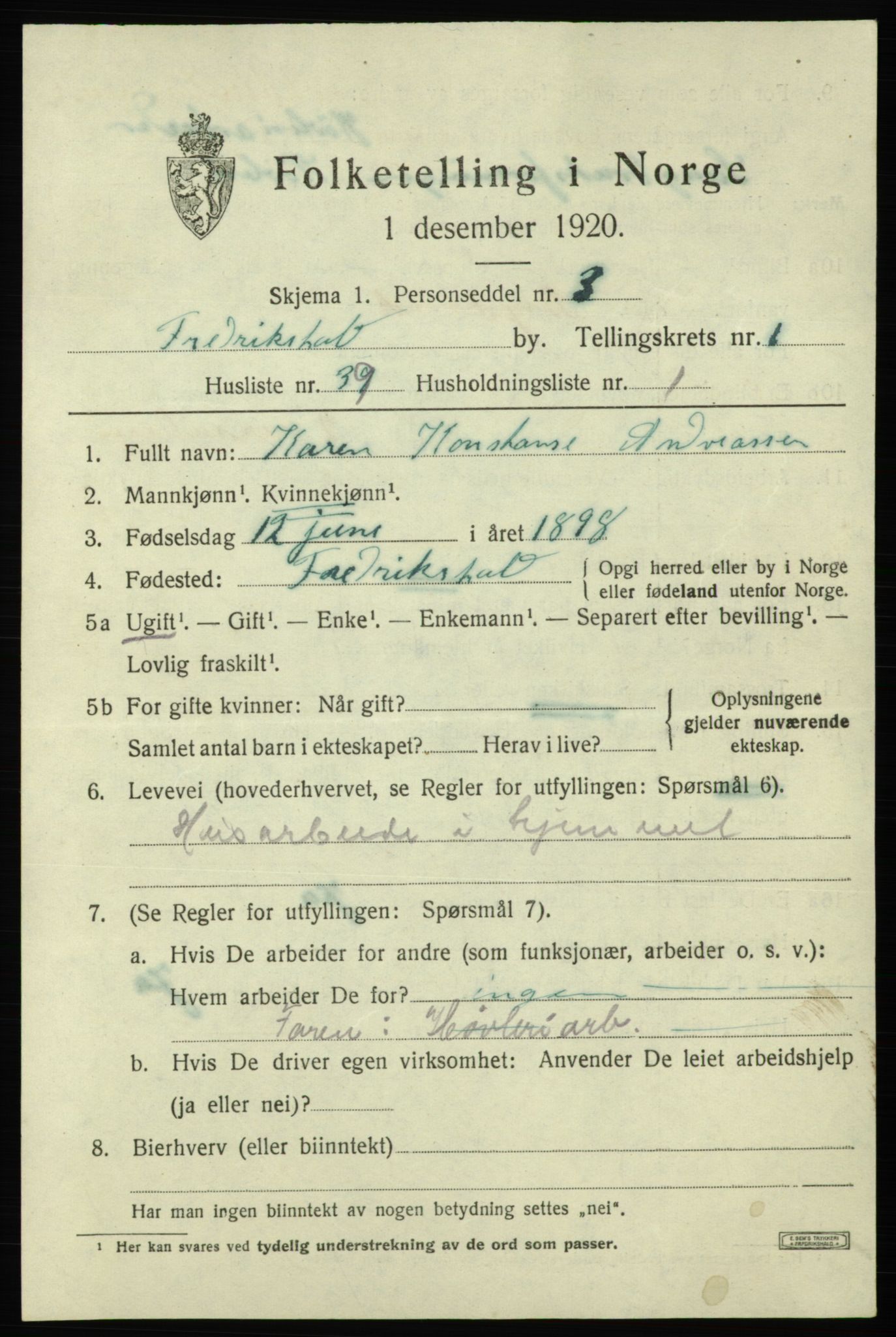 SAO, 1920 census for Fredrikshald, 1920, p. 8849