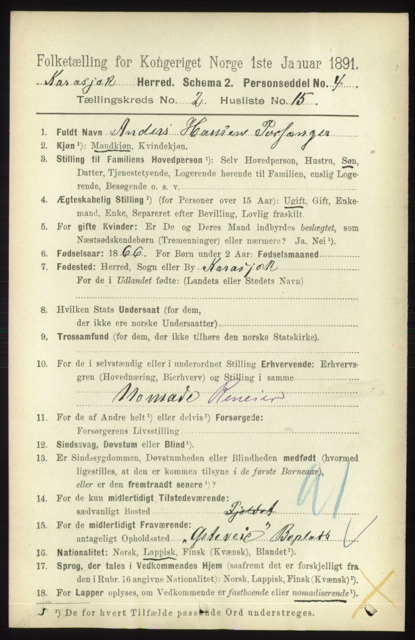 RA, 1891 census for 2021 Karasjok, 1891, p. 524