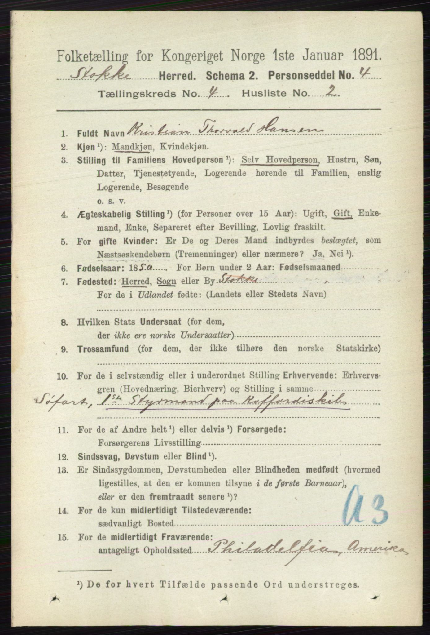 RA, 1891 census for 0720 Stokke, 1891, p. 2451