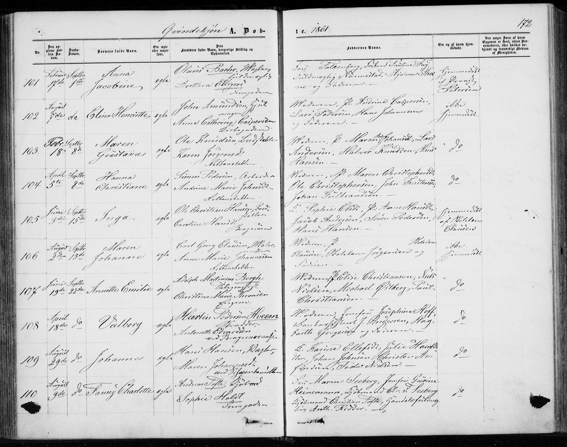 Bragernes kirkebøker, AV/SAKO-A-6/F/Fb/L0003: Parish register (official) no. II 3, 1860-1868, p. 172