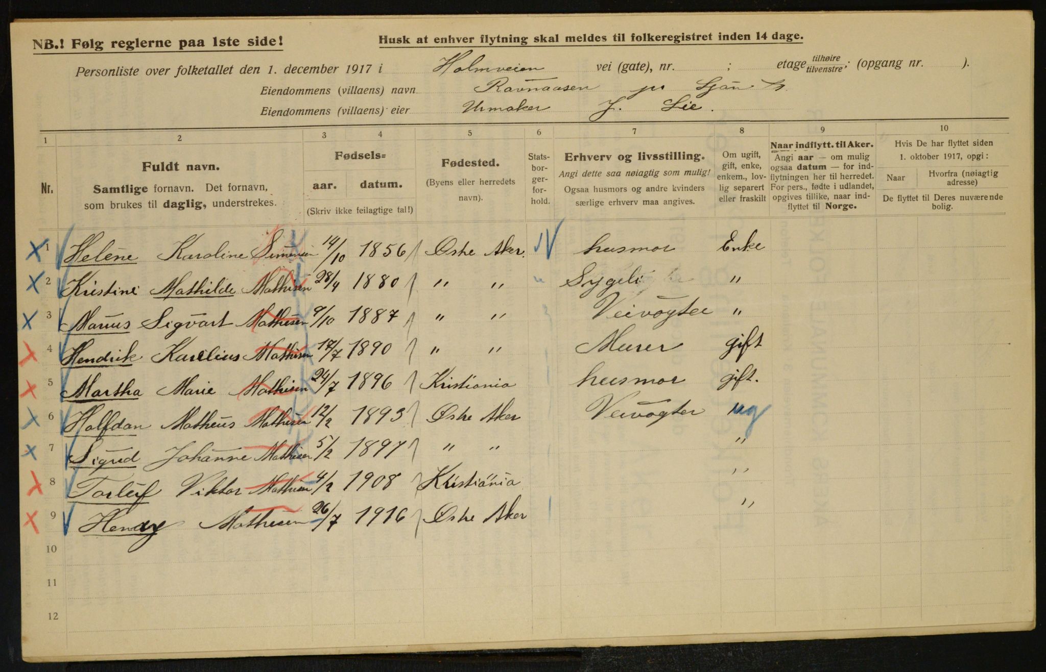 OBA, Municipal Census 1917 for Aker, 1917, p. 16344