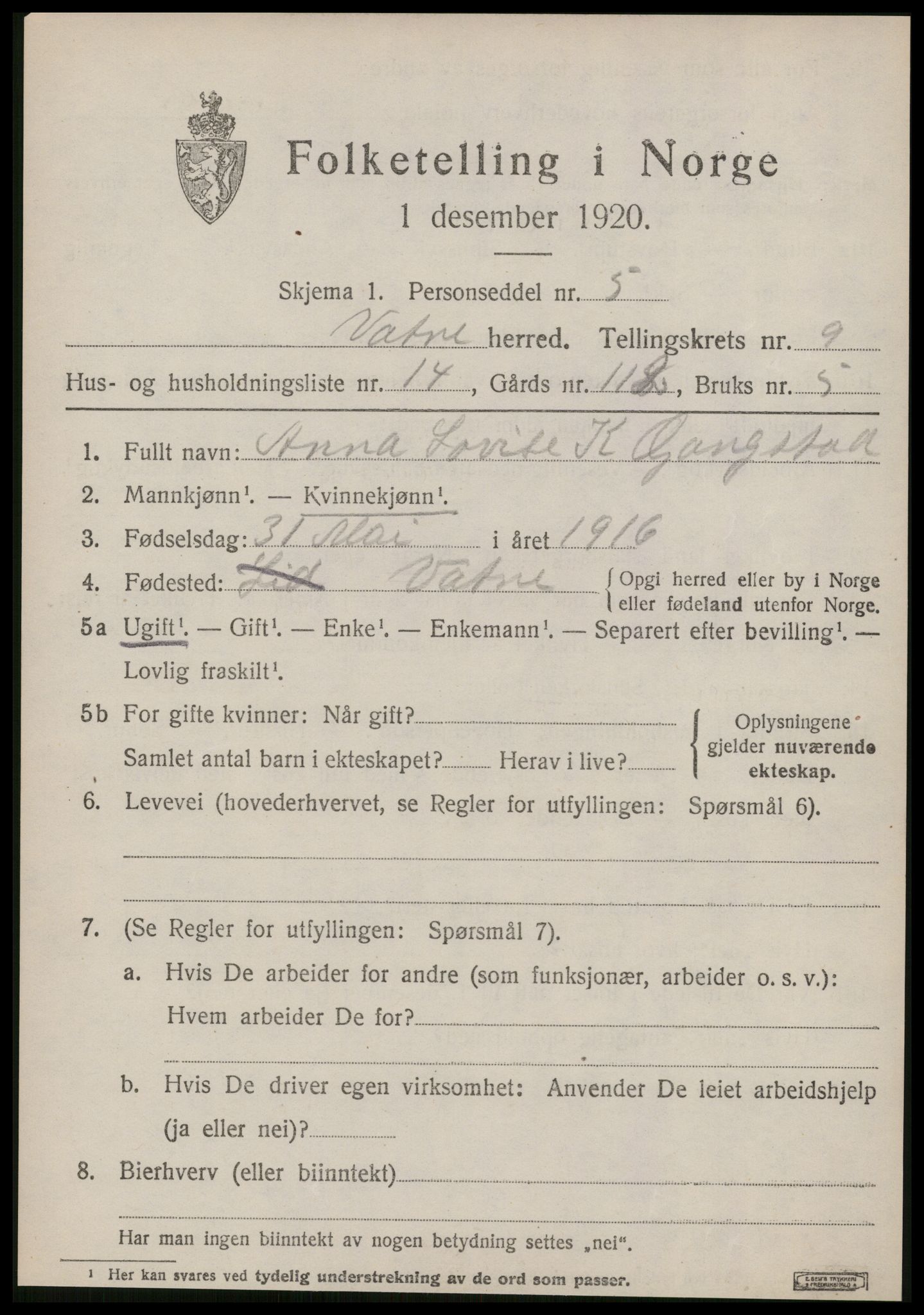 SAT, 1920 census for Vatne, 1920, p. 3868