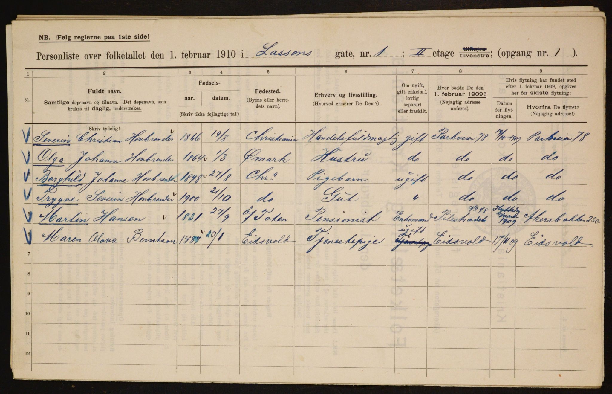 OBA, Municipal Census 1910 for Kristiania, 1910, p. 55261