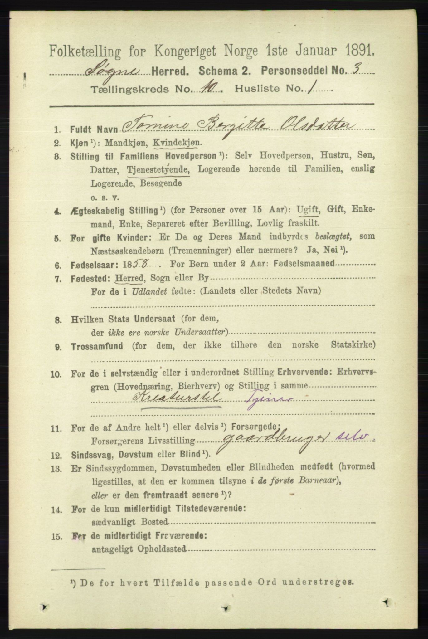 RA, 1891 census for 1018 Søgne, 1891, p. 2712