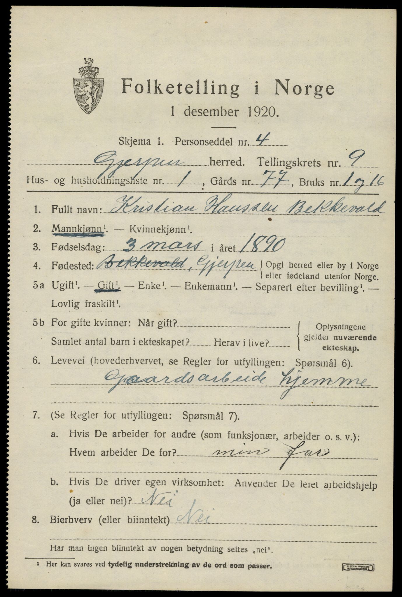 SAKO, 1920 census for Gjerpen, 1920, p. 10784