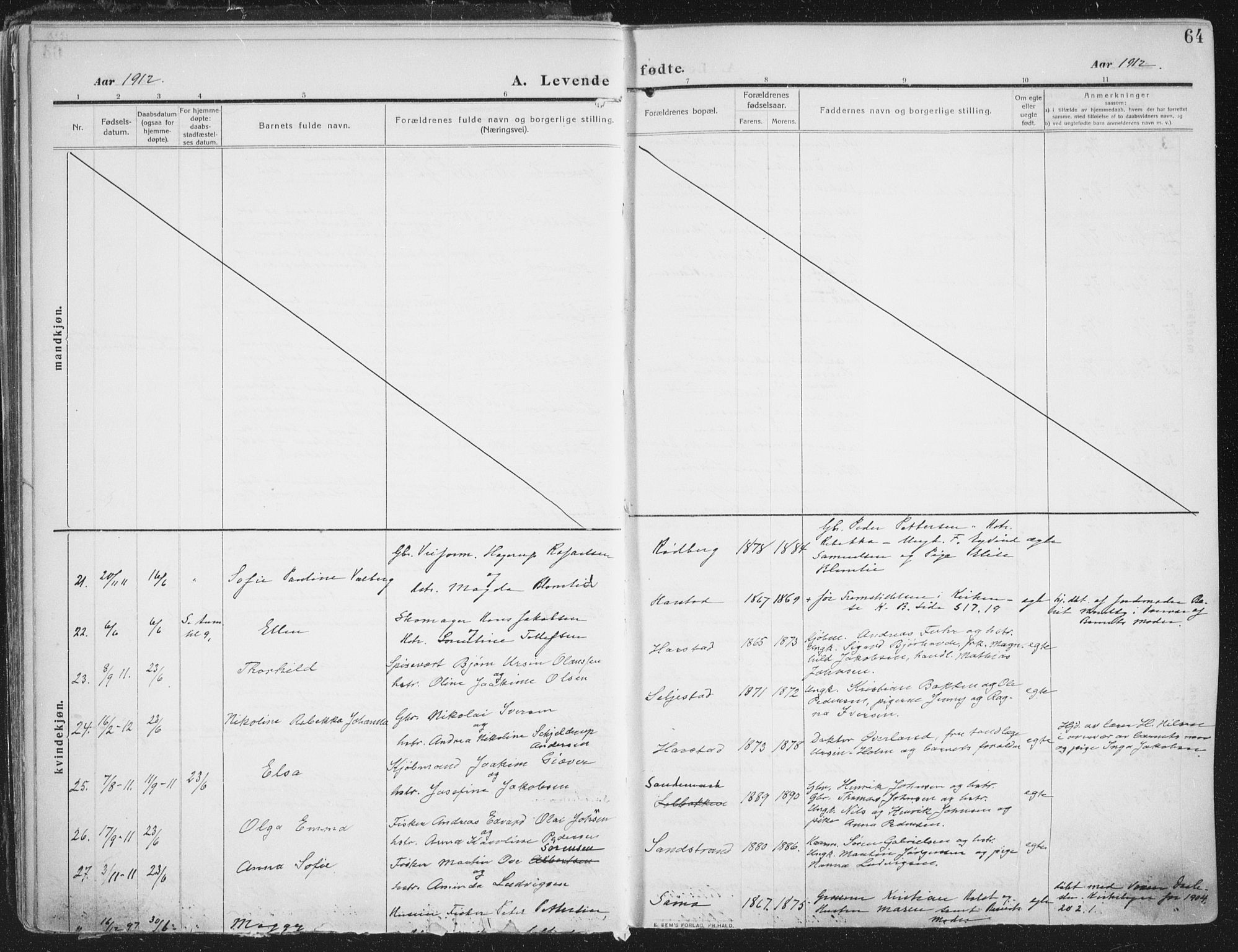 Trondenes sokneprestkontor, AV/SATØ-S-1319/H/Ha/L0018kirke: Parish register (official) no. 18, 1909-1918, p. 64