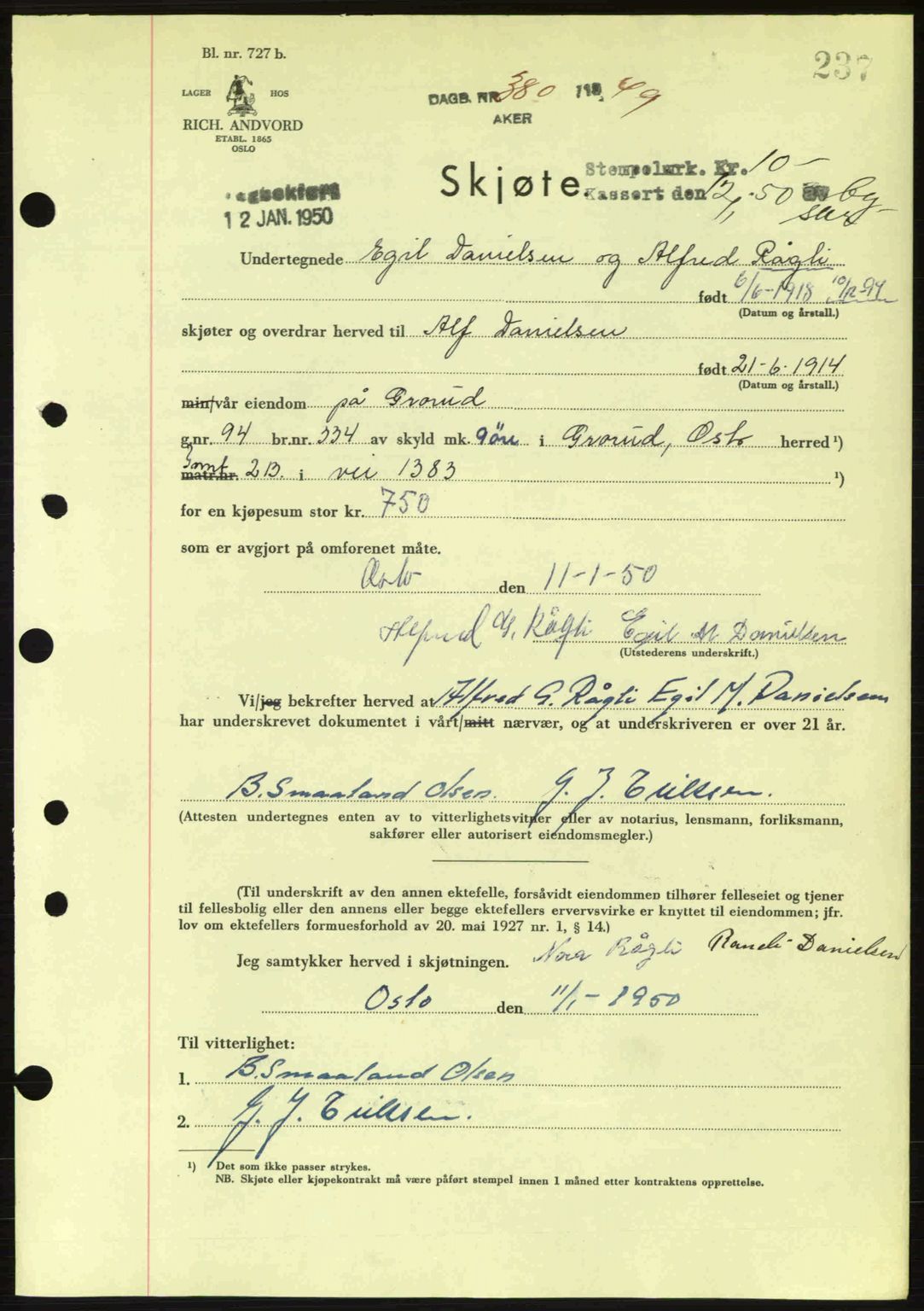 Oslo byskriverembete, AV/SAO-A-10227/G/Gb/Gbd/Gbda/L0017: Mortgage book no. A215, 1949-1950, Diary no: : 380/1950