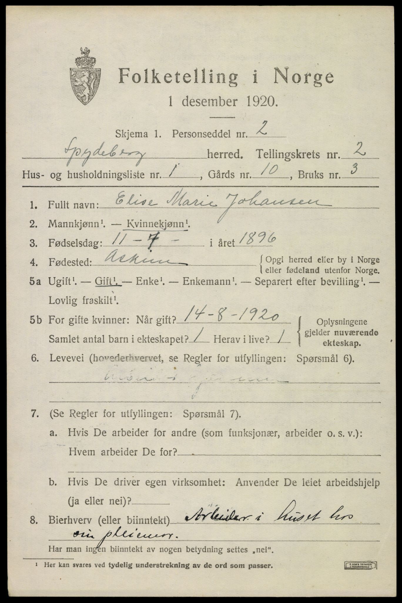 SAO, 1920 census for Spydeberg, 1920, p. 2809