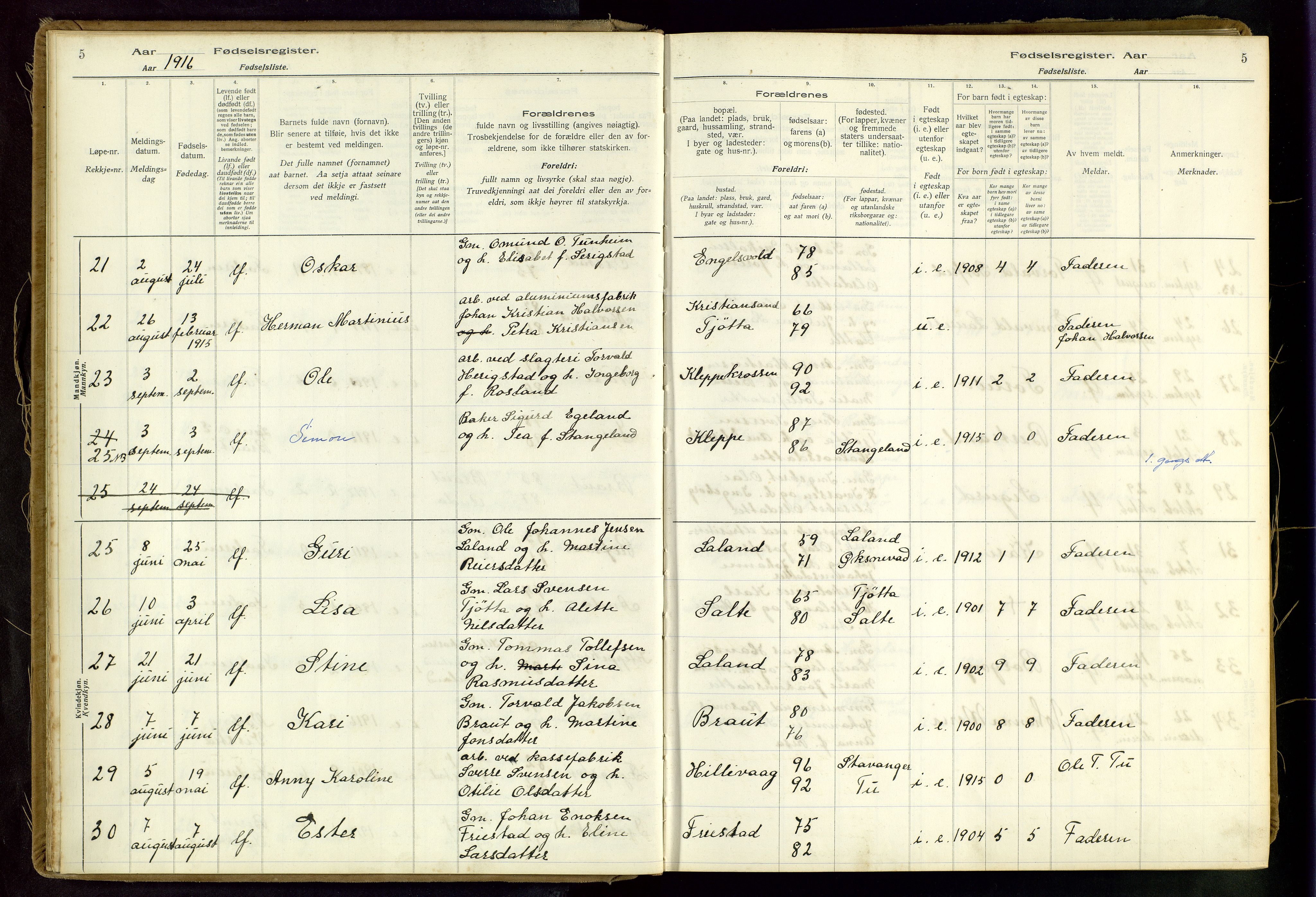 Klepp sokneprestkontor, AV/SAST-A-101803/001/704BAA/L0001: Birth register no. 1, 1916-1948, p. 5