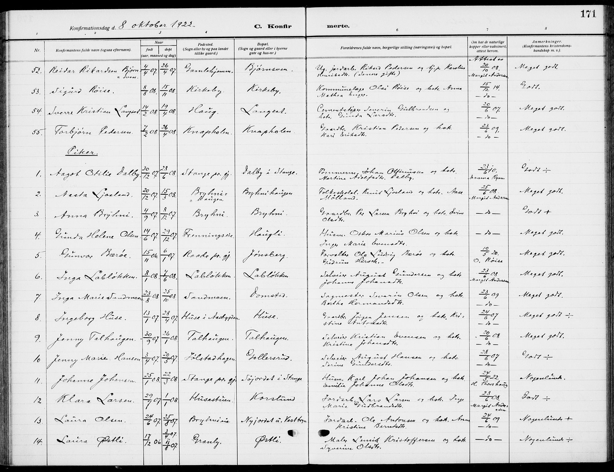 Romedal prestekontor, AV/SAH-PREST-004/K/L0012: Parish register (official) no. 12, 1913-1935, p. 171