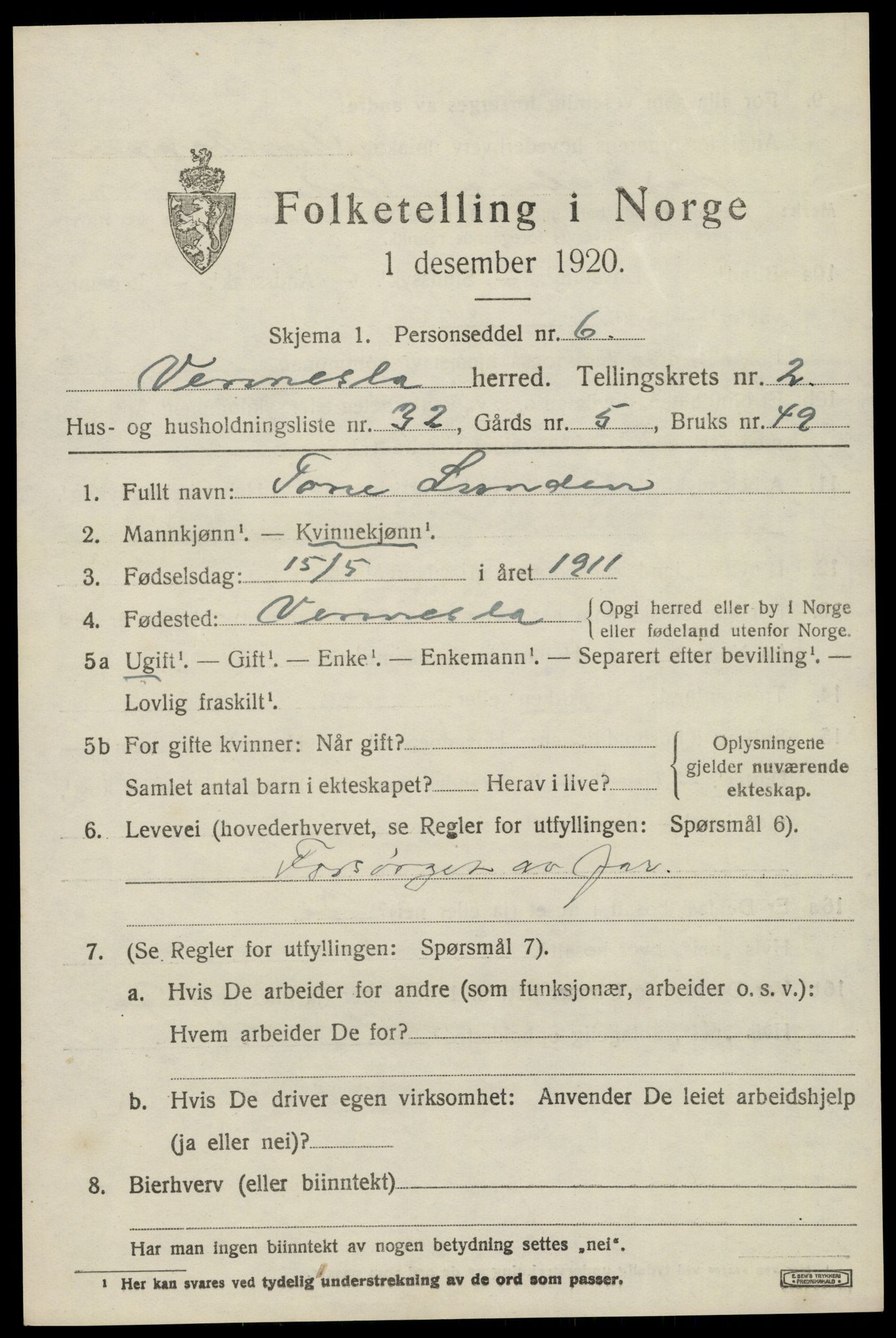 SAK, 1920 census for Vennesla, 1920, p. 1888