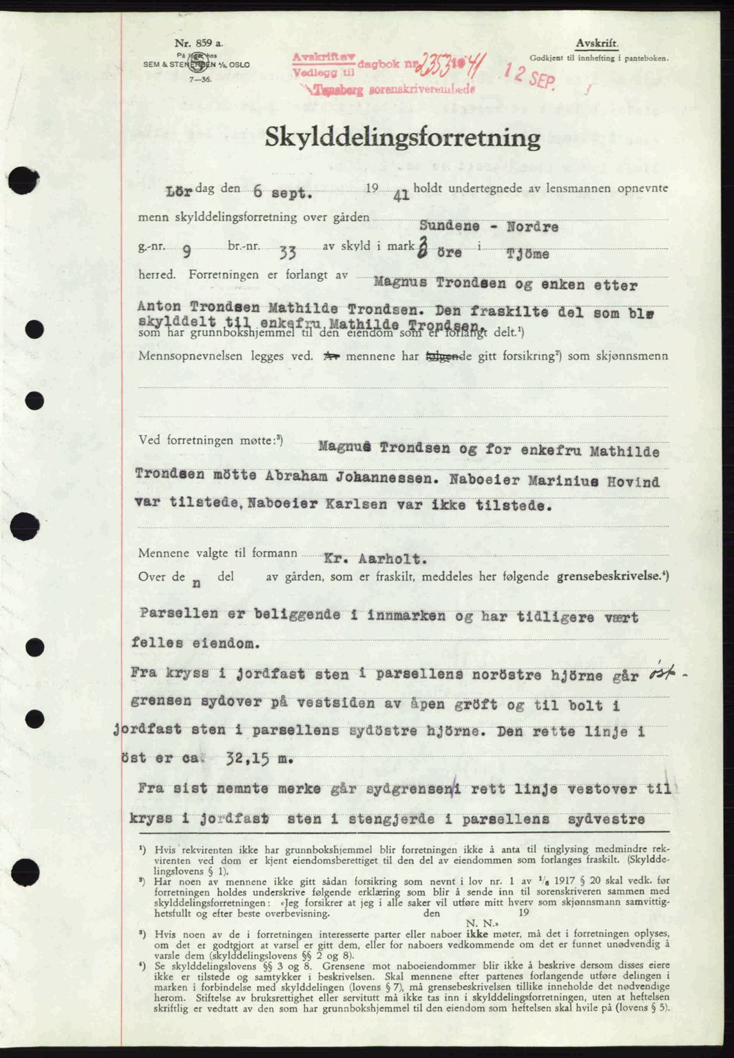 Tønsberg sorenskriveri, AV/SAKO-A-130/G/Ga/Gaa/L0010: Mortgage book no. A10, 1941-1941, Diary no: : 2353/1941