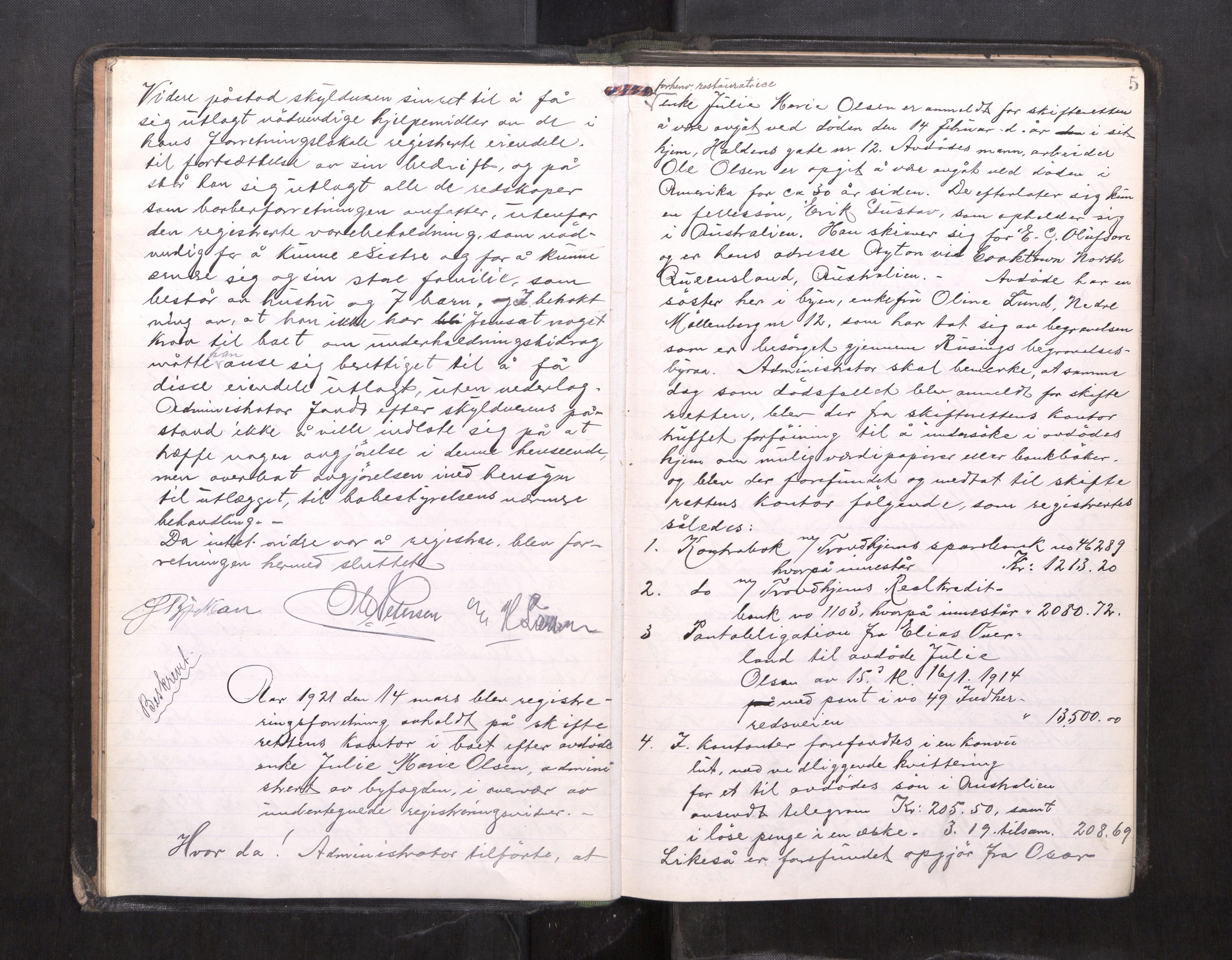 Trondheim byfogd, AV/SAT-A-0003/1/3/3C/L0040: Skifteregistreringsprotokoll - 9/3-23/5. (u/ register), 1921-1923, p. 5