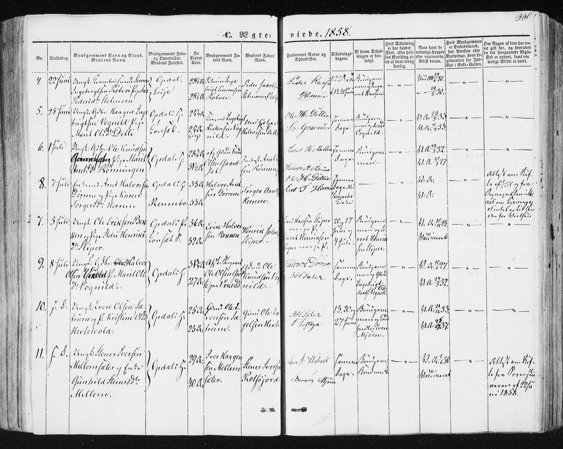 Ministerialprotokoller, klokkerbøker og fødselsregistre - Sør-Trøndelag, SAT/A-1456/678/L0899: Parish register (official) no. 678A08, 1848-1872, p. 330
