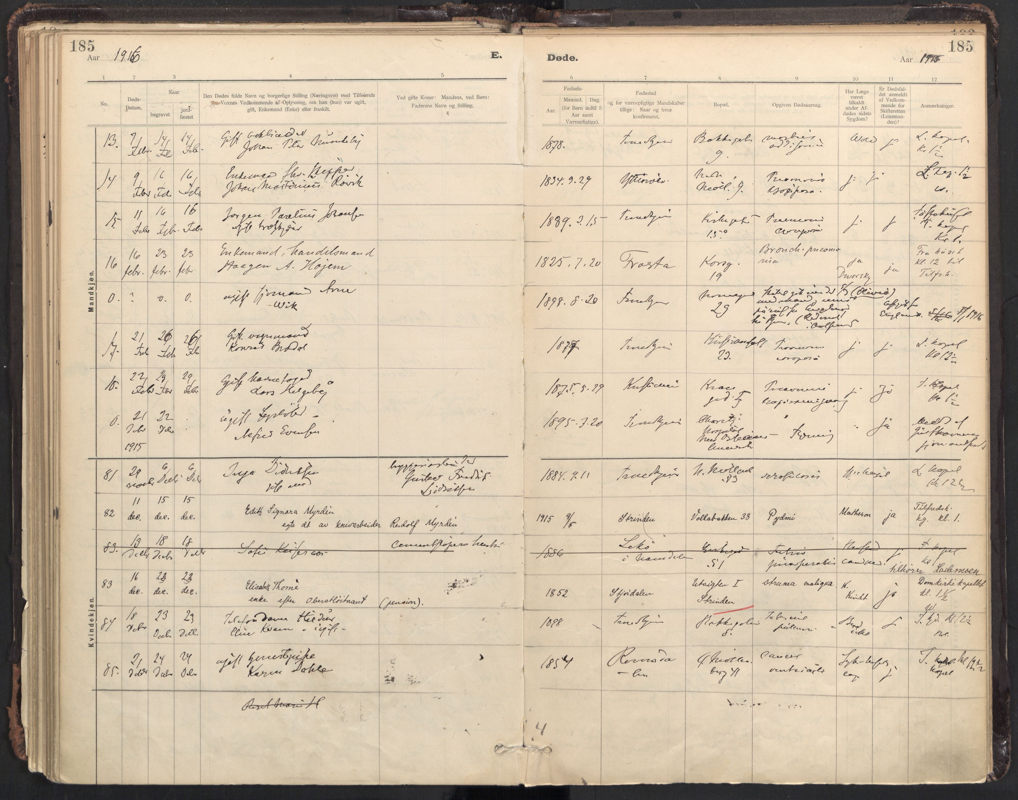 Ministerialprotokoller, klokkerbøker og fødselsregistre - Sør-Trøndelag, SAT/A-1456/604/L0204: Parish register (official) no. 604A24, 1911-1920, p. 185