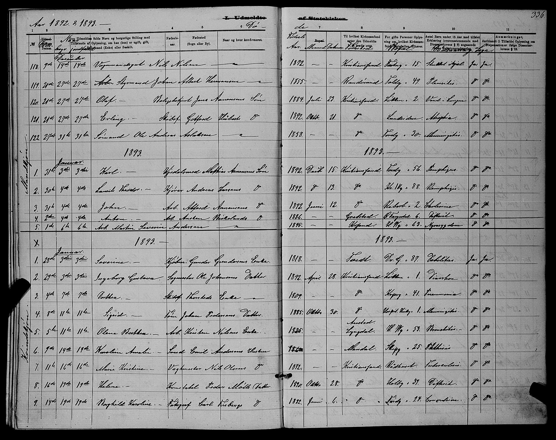Kristiansand domprosti, SAK/1112-0006/F/Fb/L0016: Parish register (copy) no. B 16, 1881-1893, p. 336