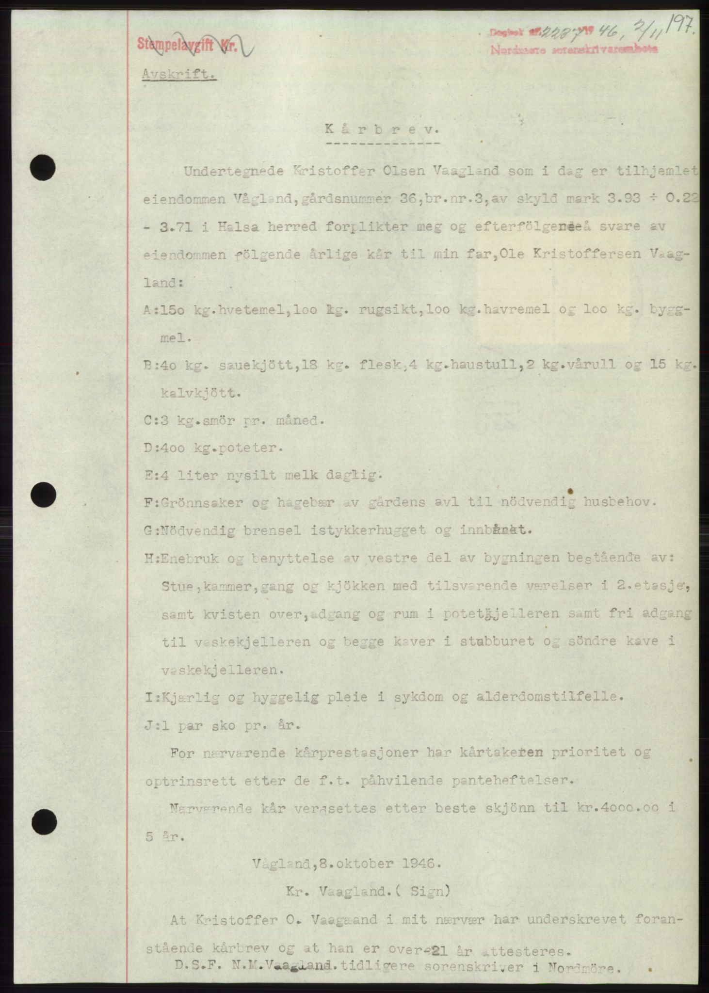 Nordmøre sorenskriveri, AV/SAT-A-4132/1/2/2Ca: Mortgage book no. B95, 1946-1947, Diary no: : 2237/1946