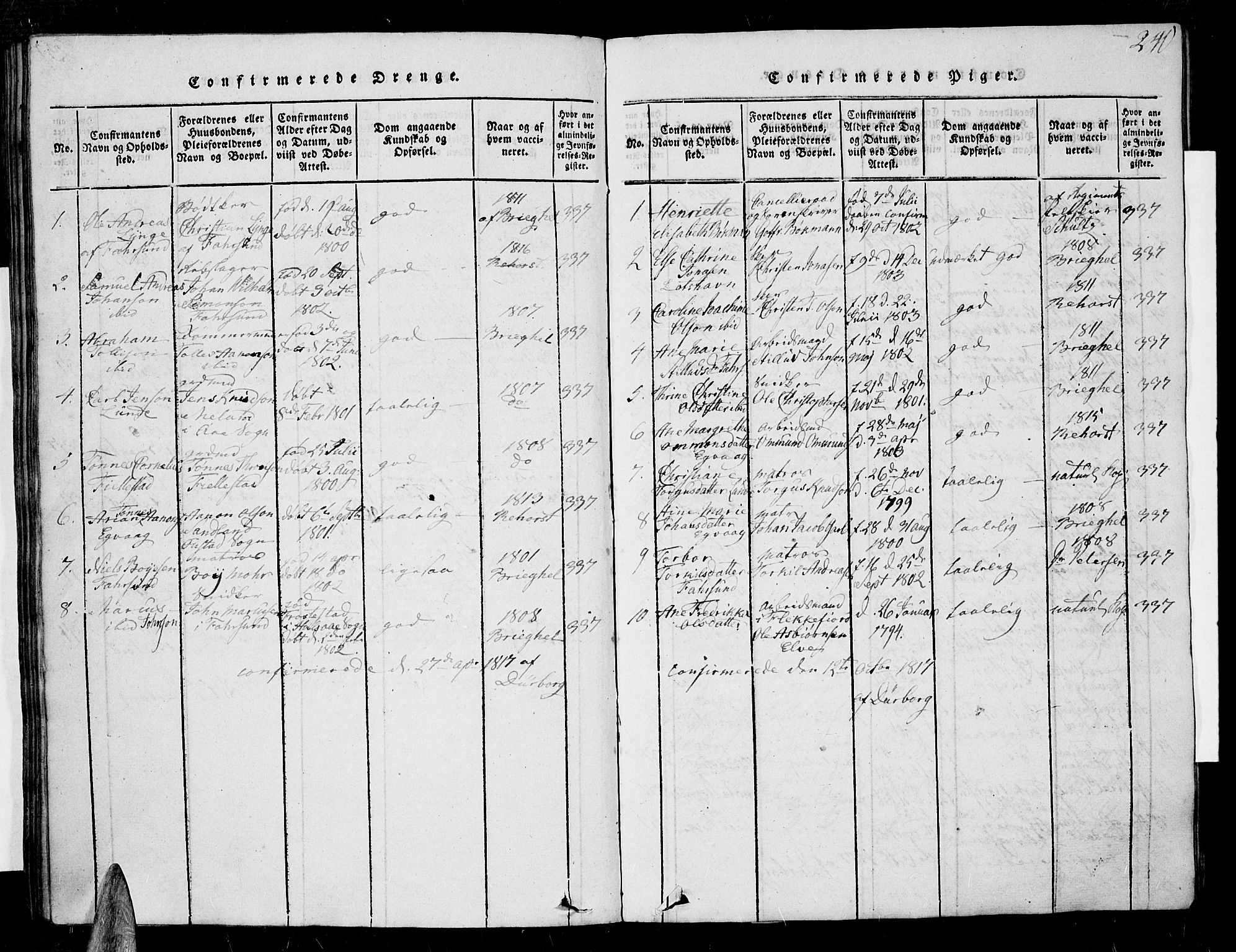 Farsund sokneprestkontor, SAK/1111-0009/F/Fa/L0002: Parish register (official) no. A 2, 1815-1836, p. 240