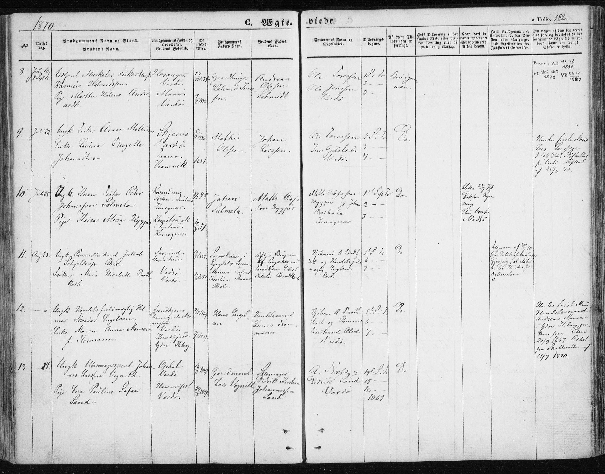 Vardø sokneprestkontor, SATØ/S-1332/H/Ha/L0004kirke: Parish register (official) no. 4, 1862-1871, p. 182