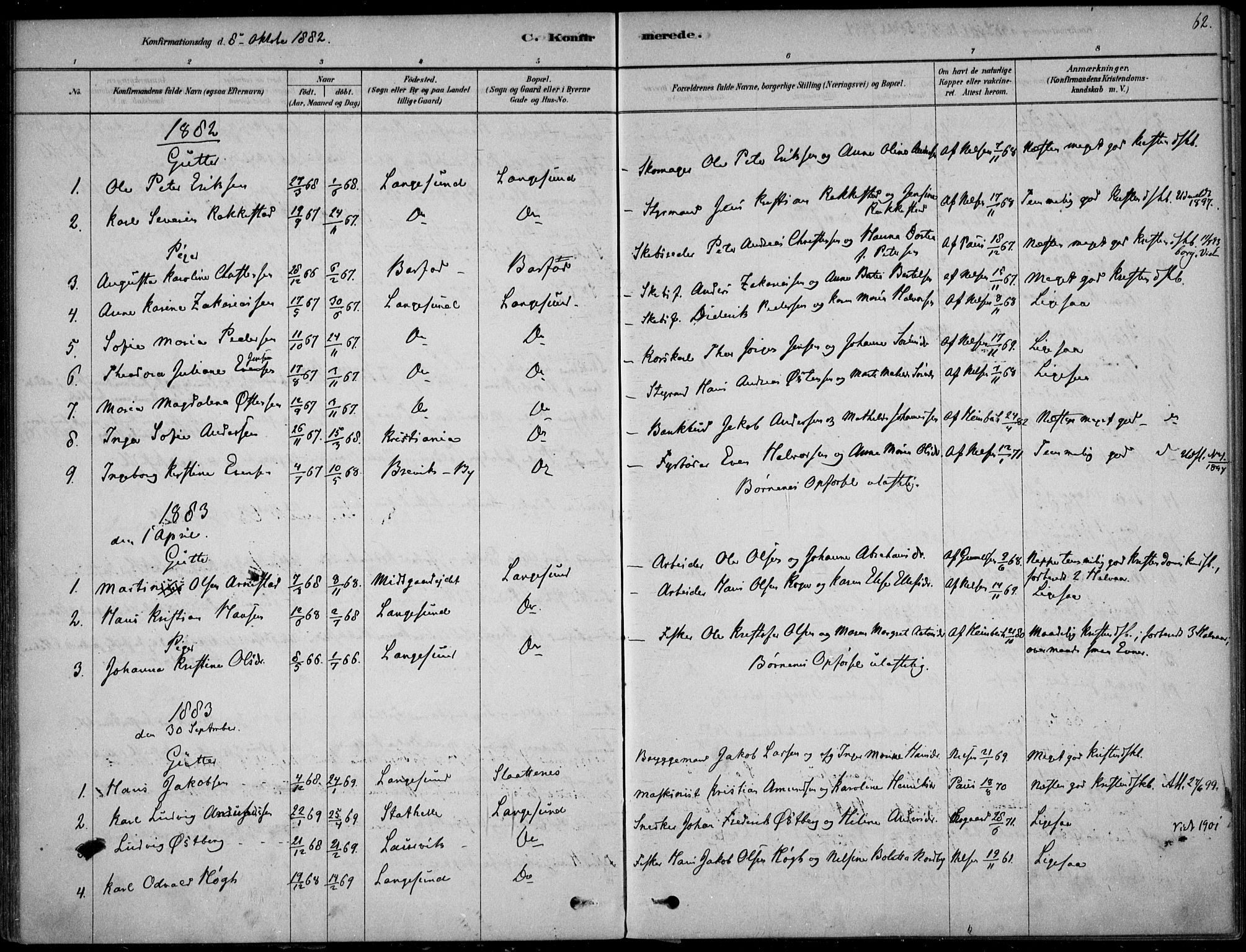 Langesund kirkebøker, AV/SAKO-A-280/F/Fa/L0002: Parish register (official) no. 2, 1878-1892, p. 62