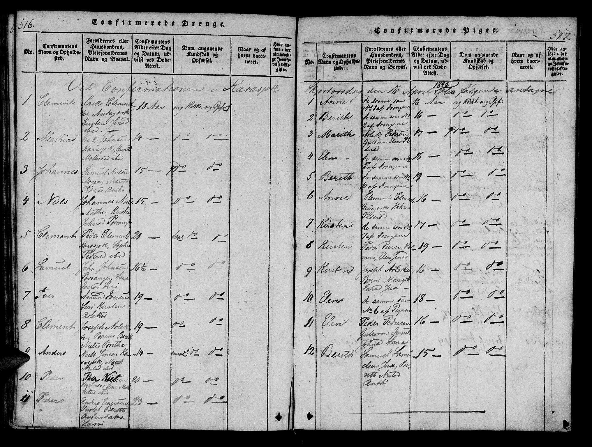 Kistrand/Porsanger sokneprestembete, AV/SATØ-S-1351/H/Ha/L0010.kirke: Parish register (official) no. 10, 1821-1842, p. 516-517