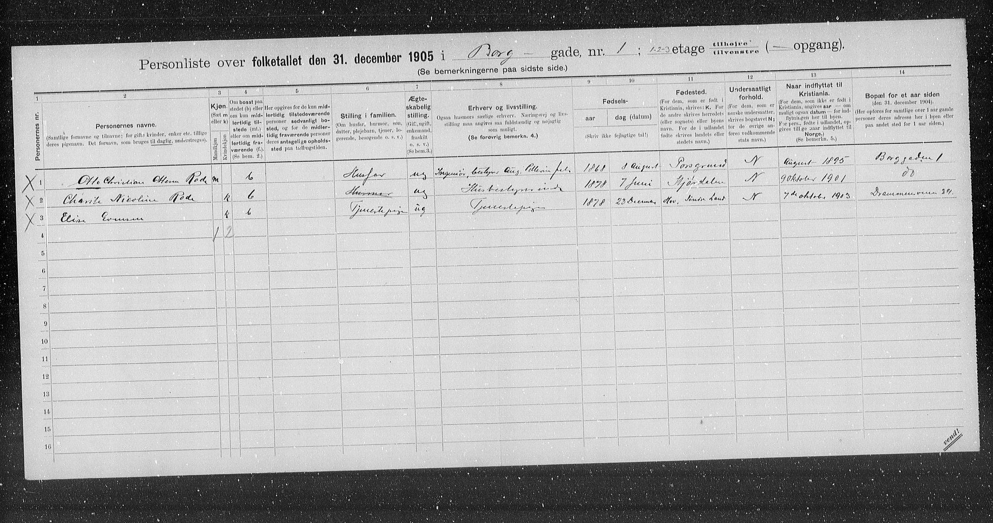 OBA, Municipal Census 1905 for Kristiania, 1905, p. 3937