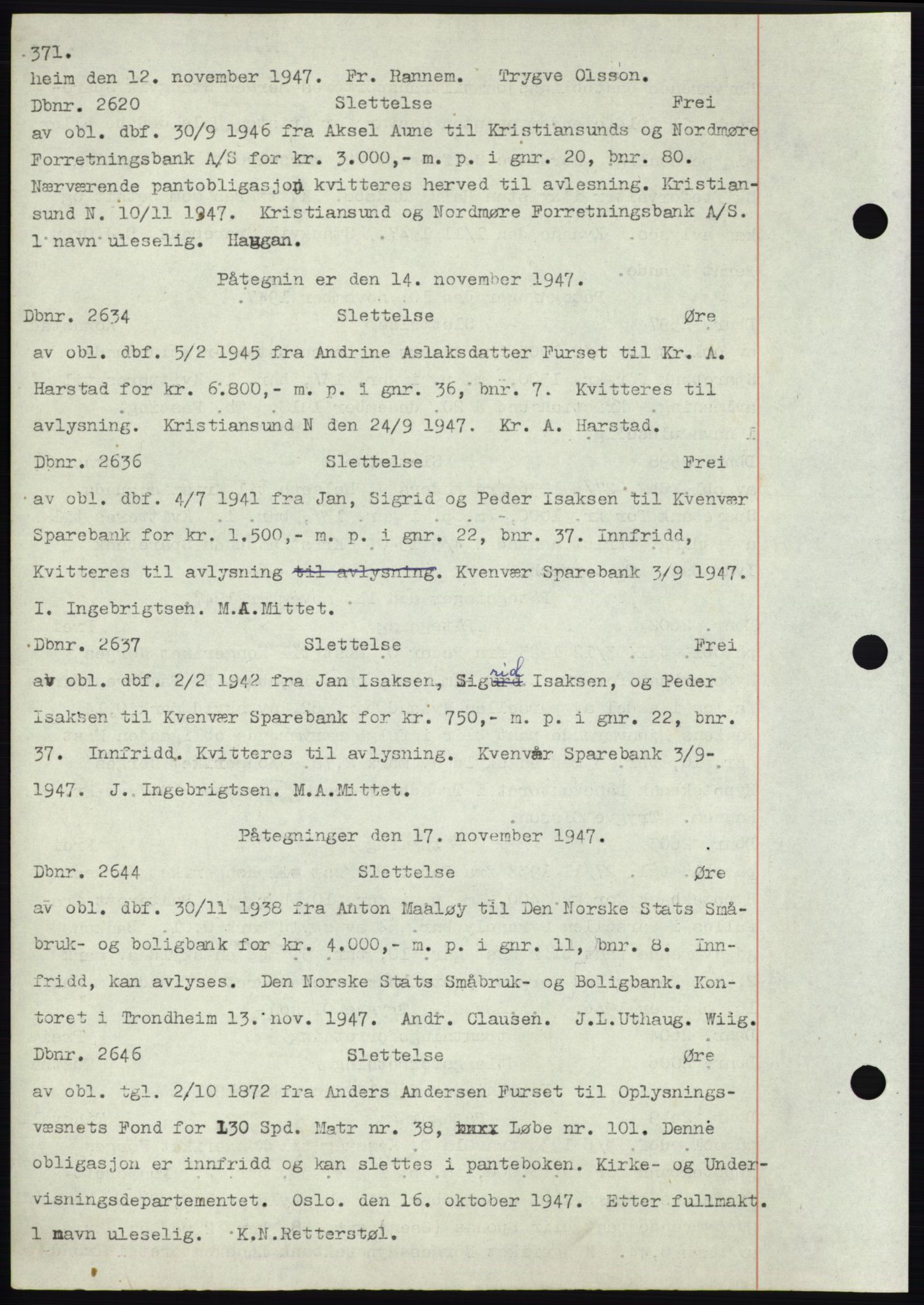 Nordmøre sorenskriveri, SAT/A-4132/1/2/2Ca: Mortgage book no. C82b, 1946-1951, Diary no: : 2620/1947