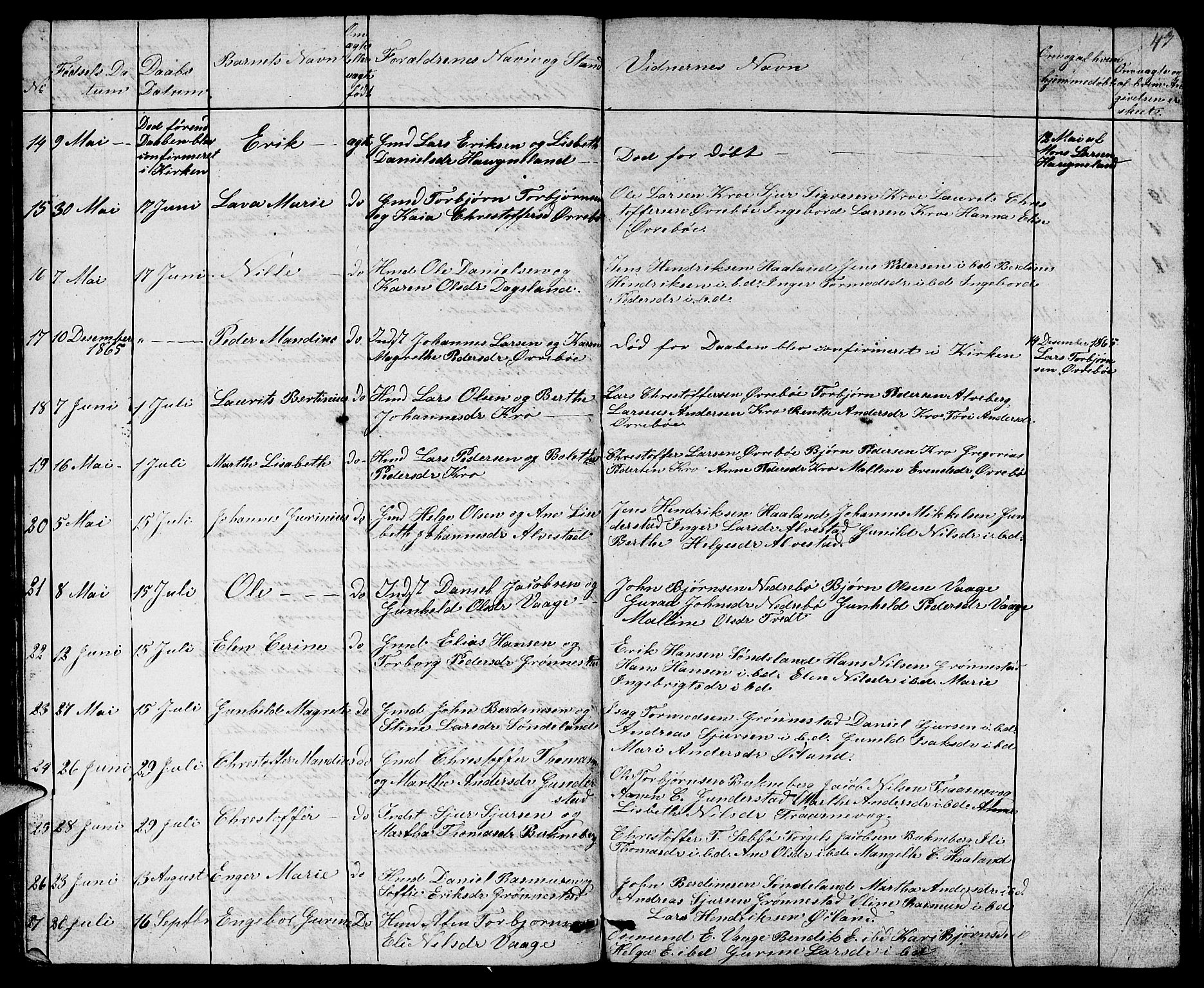 Tysvær sokneprestkontor, AV/SAST-A -101864/H/Ha/Hab/L0001: Parish register (copy) no. B 1, 1851-1887, p. 43