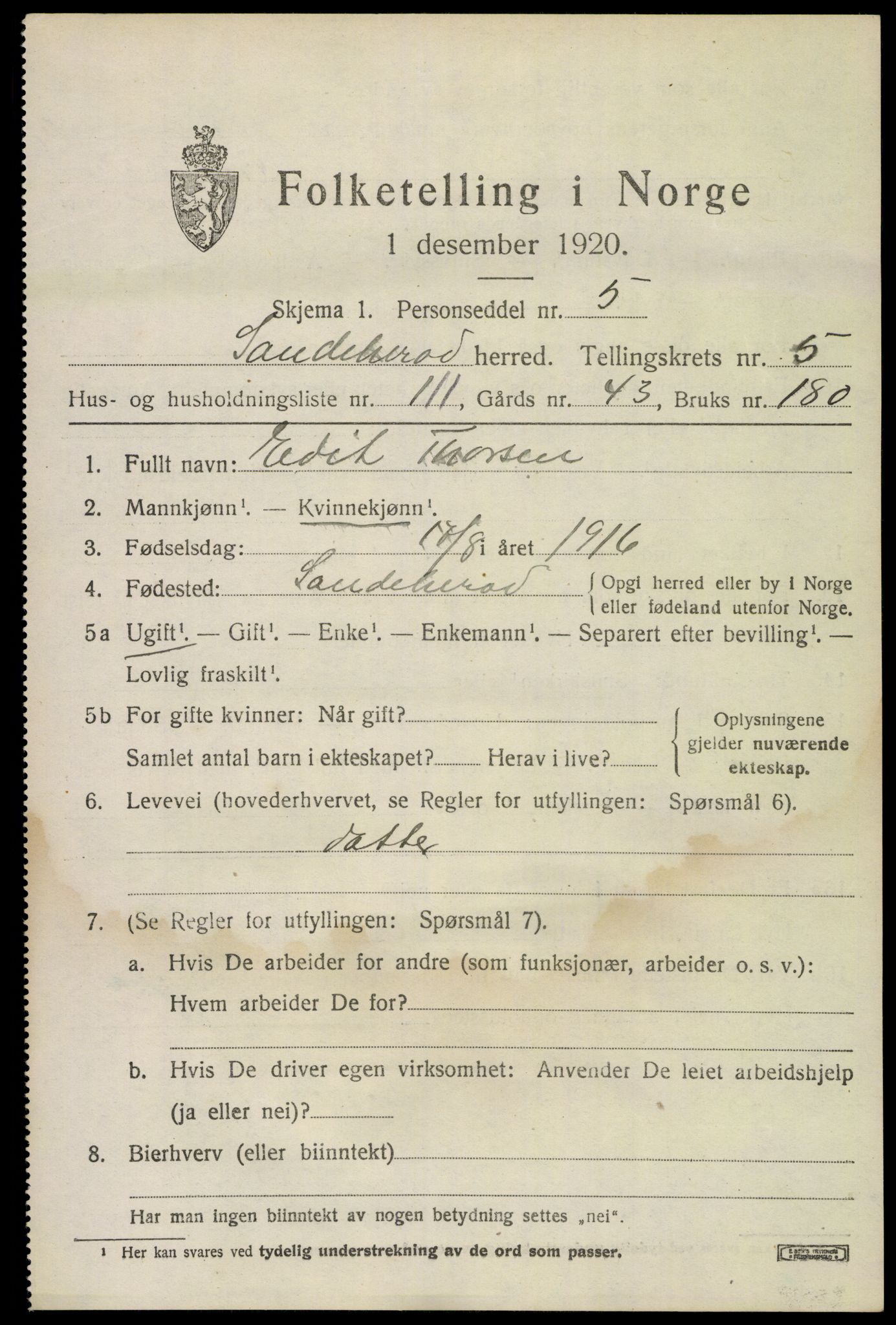 SAKO, 1920 census for Sandeherred, 1920, p. 9554