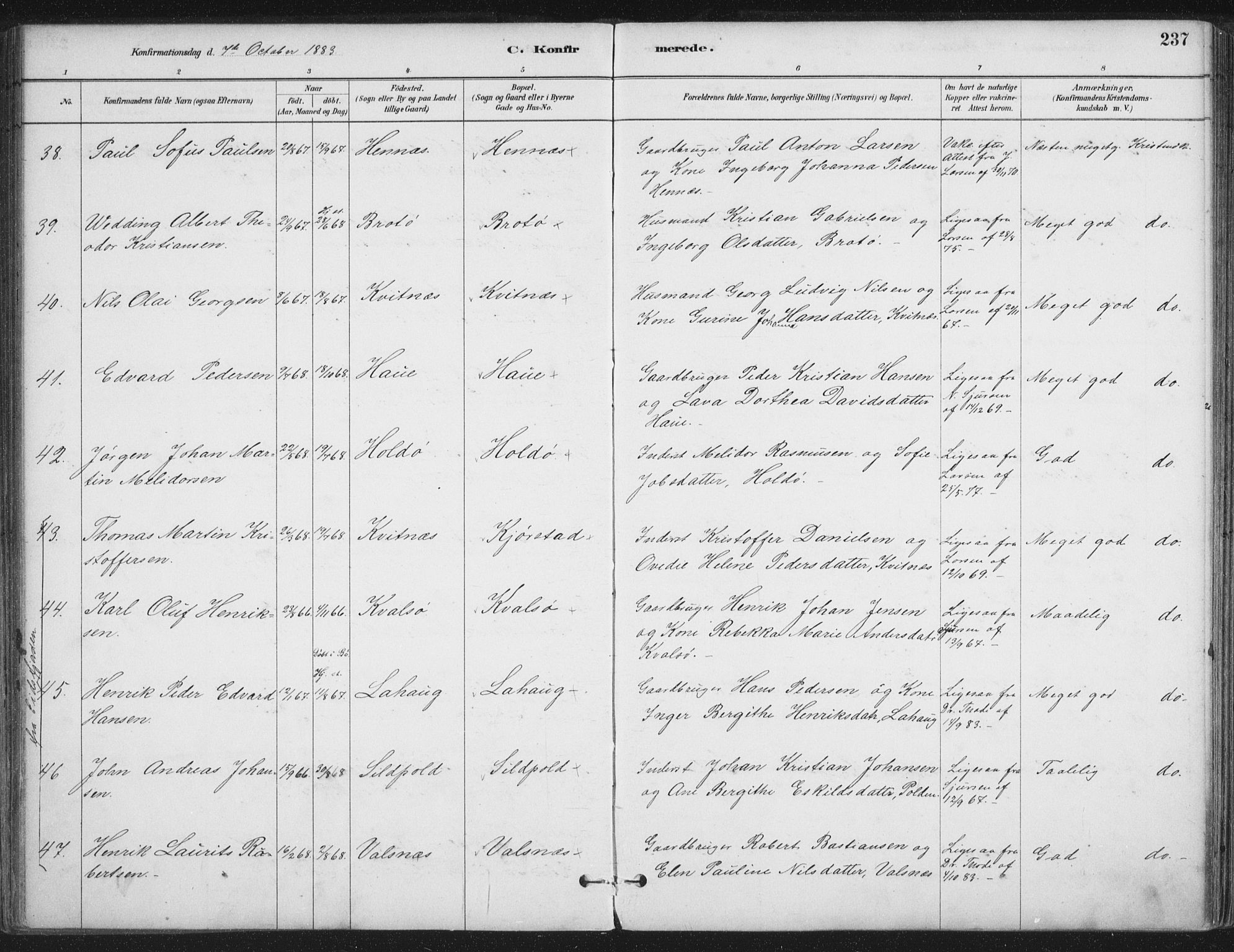 Ministerialprotokoller, klokkerbøker og fødselsregistre - Nordland, AV/SAT-A-1459/888/L1244: Parish register (official) no. 888A10, 1880-1890, p. 237