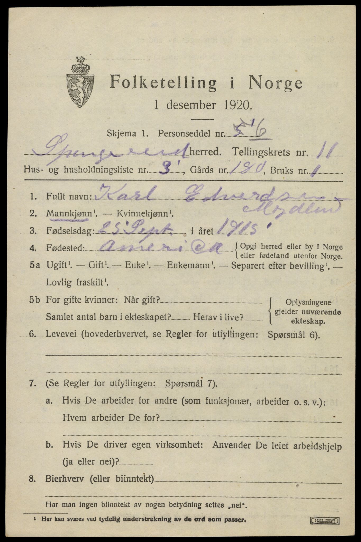 SAK, 1920 census for Spangereid, 1920, p. 3683