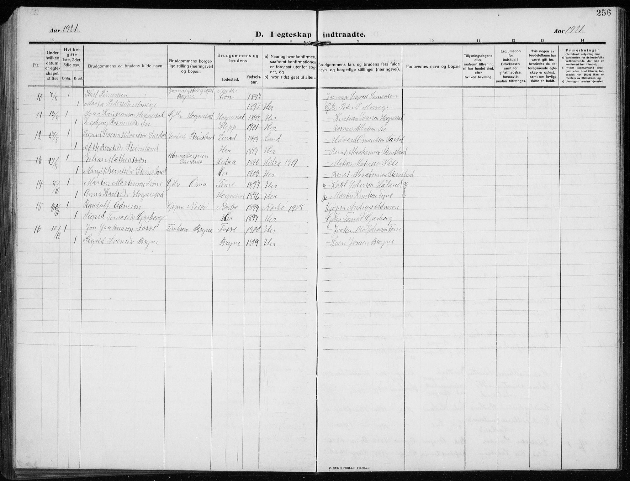 Time sokneprestkontor, AV/SAST-A-101795/001/30BB/L0001: Parish register (copy) no. B 1, 1910-1932, p. 256