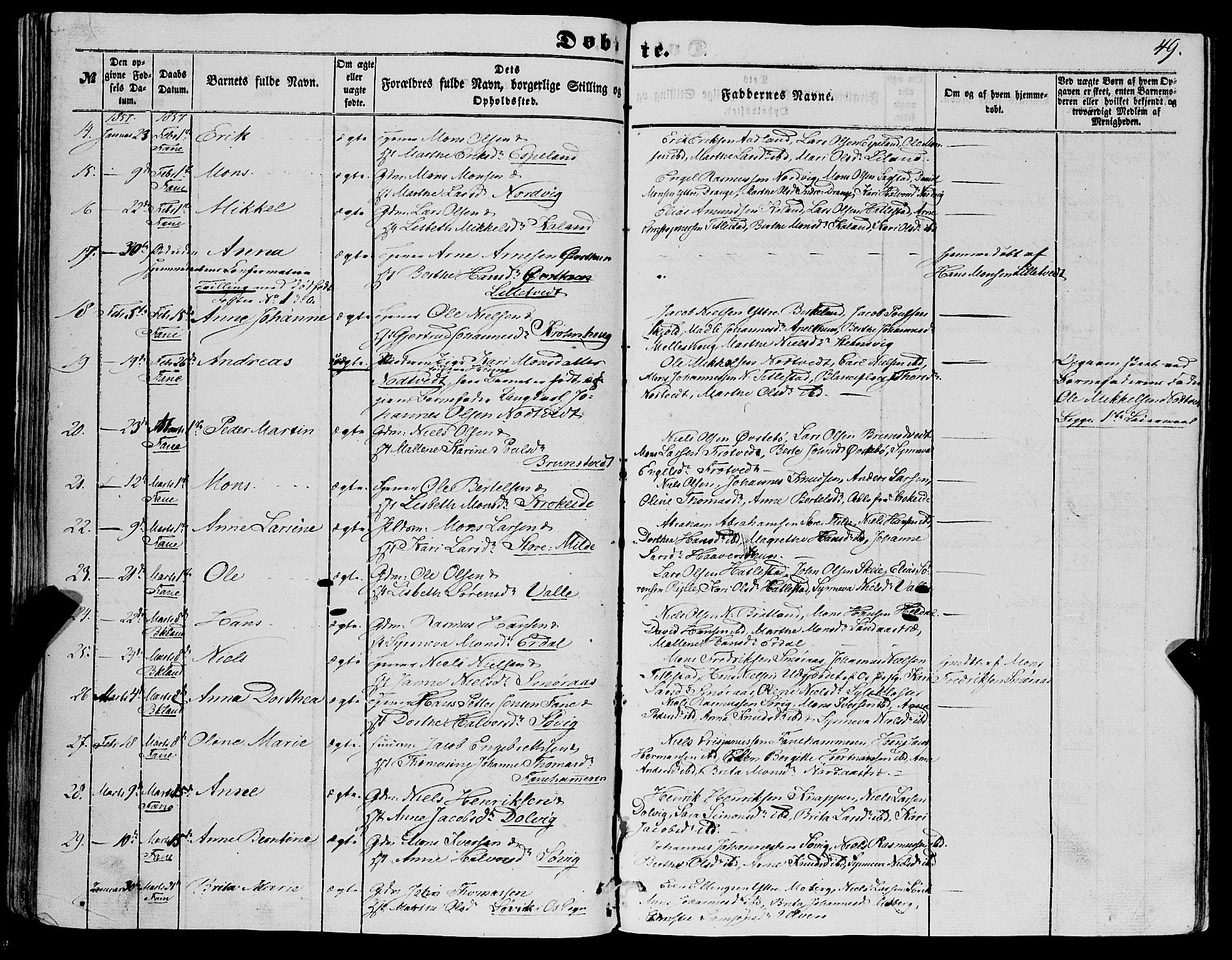 Fana Sokneprestembete, SAB/A-75101/H/Haa/Haaa/L0011: Parish register (official) no. A 11, 1851-1862, p. 49