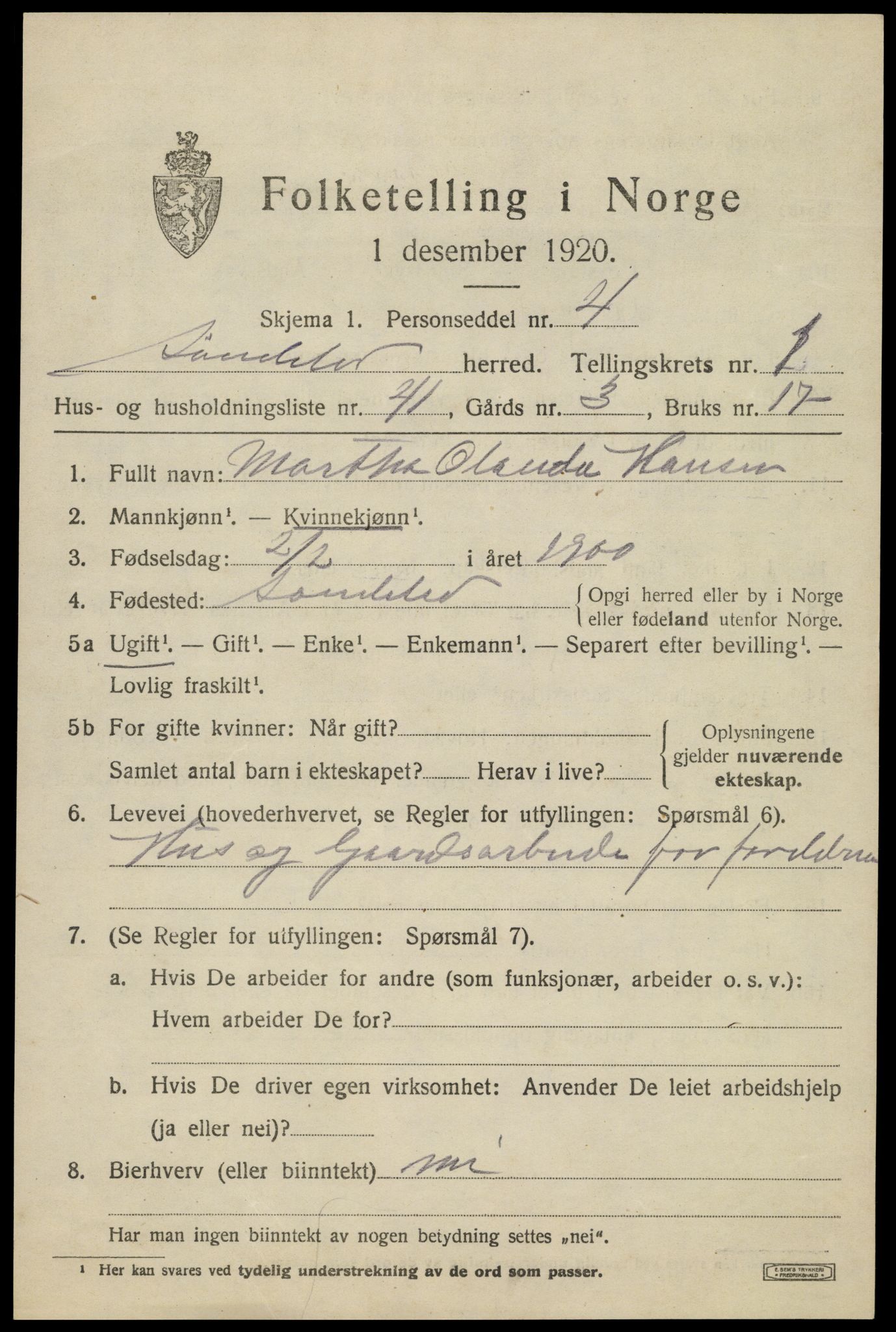 SAK, 1920 census for Søndeled, 1920, p. 1705