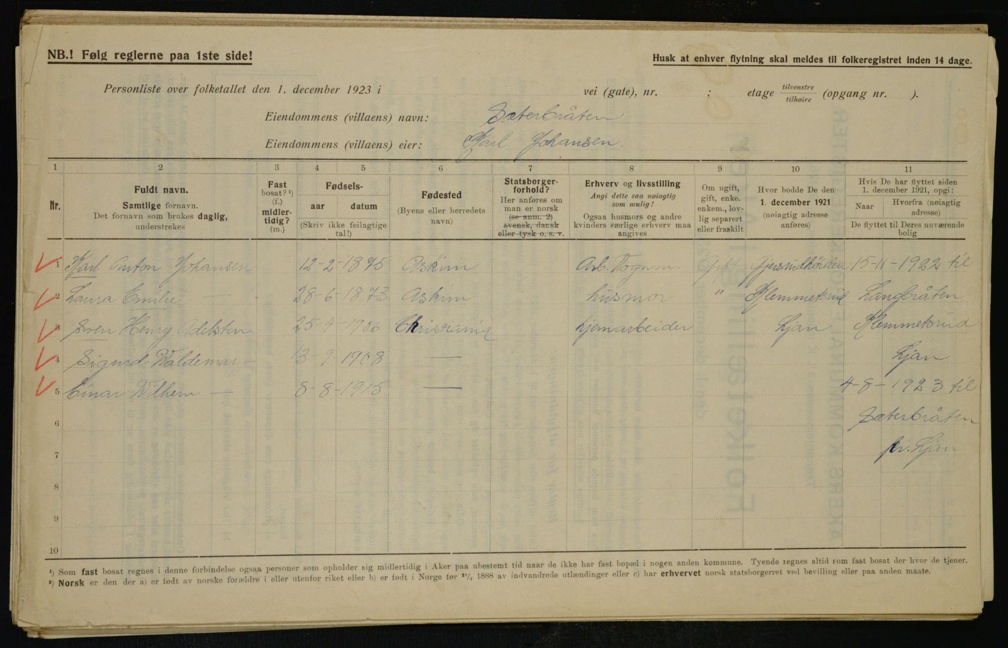 , Municipal Census 1923 for Aker, 1923, p. 42179