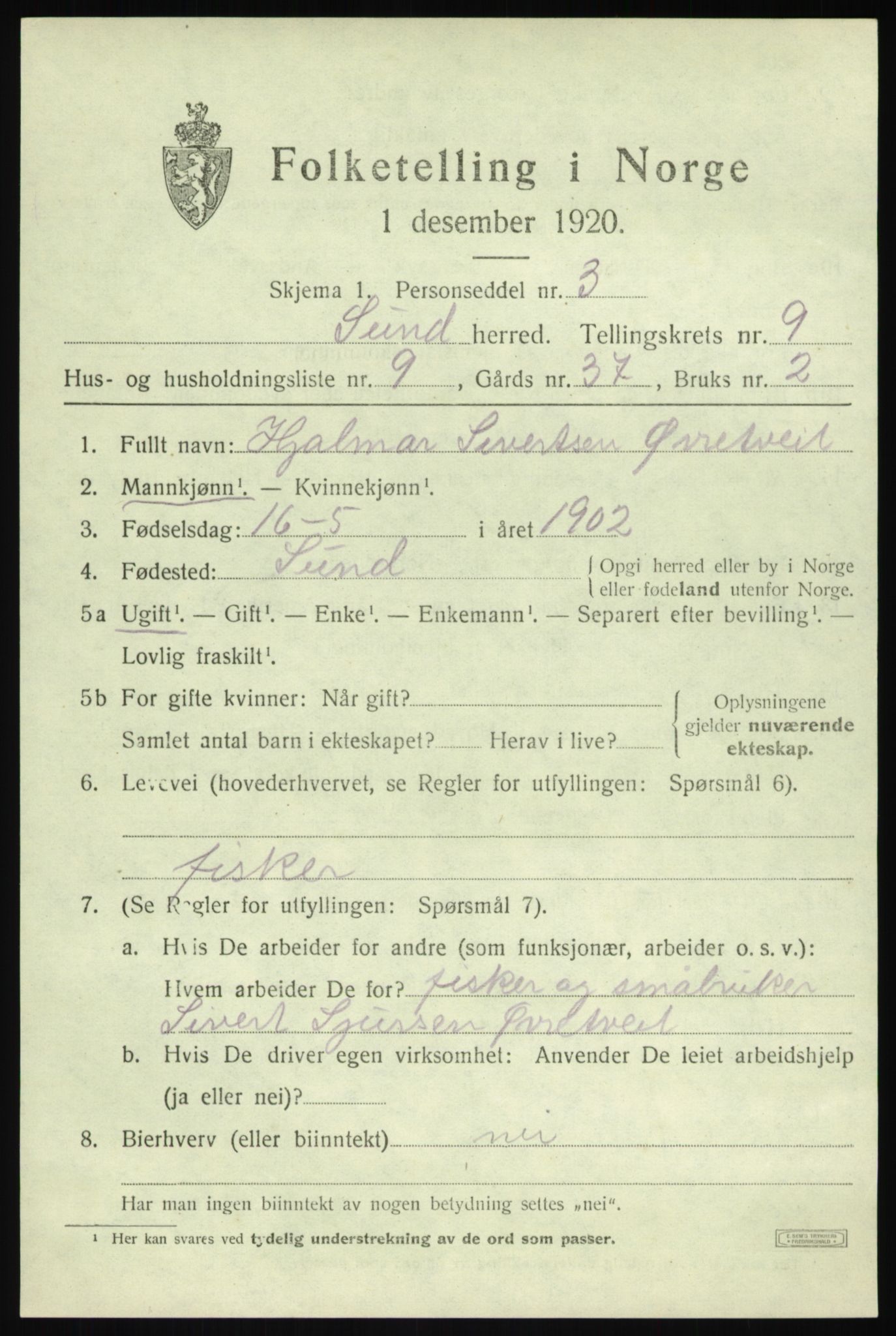 SAB, 1920 census for Sund, 1920, p. 5403