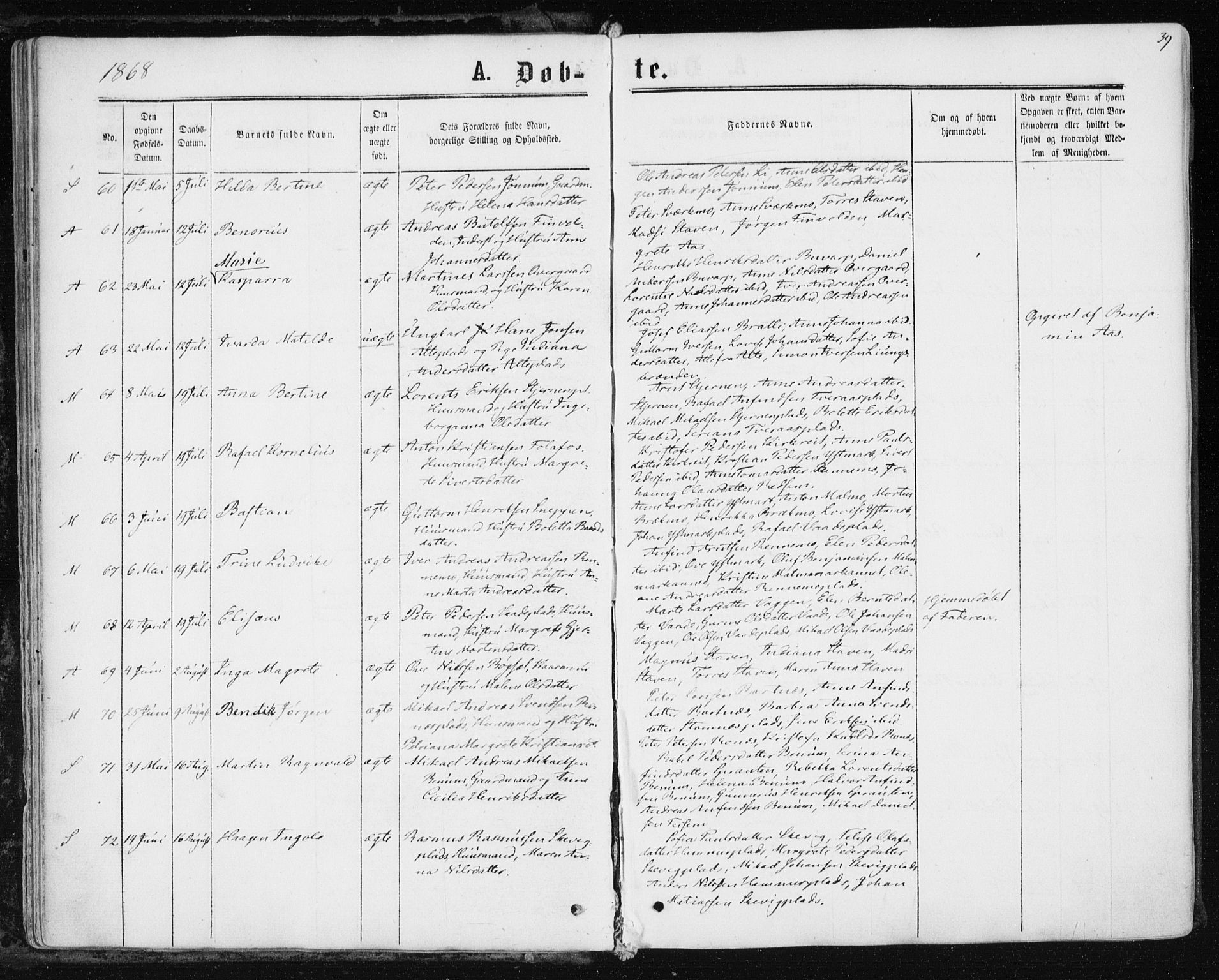 Ministerialprotokoller, klokkerbøker og fødselsregistre - Nord-Trøndelag, AV/SAT-A-1458/741/L0394: Parish register (official) no. 741A08, 1864-1877, p. 39