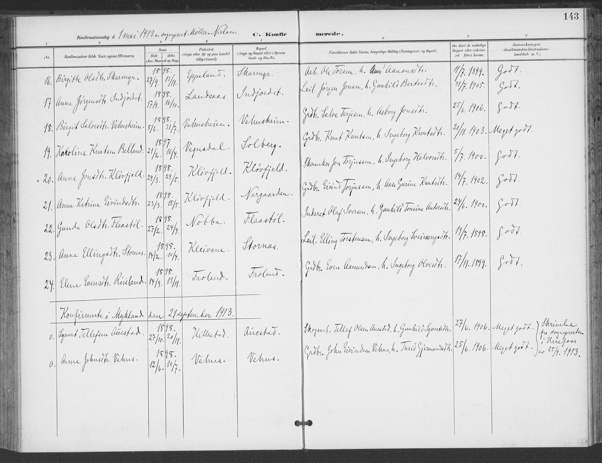 Åmli sokneprestkontor, AV/SAK-1111-0050/F/Fa/Fac/L0012: Parish register (official) no. A 12, 1900-1914, p. 143