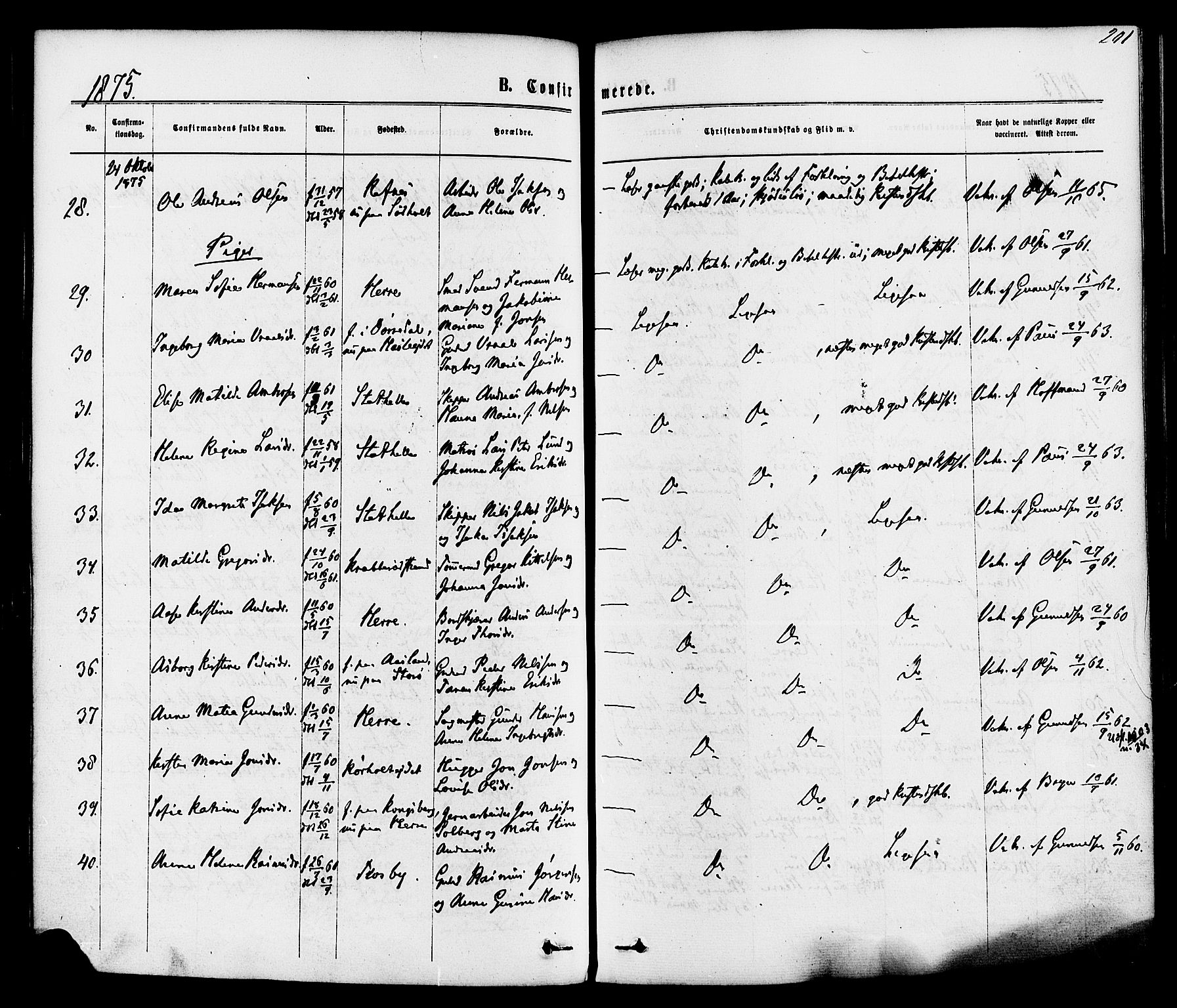 Bamble kirkebøker, AV/SAKO-A-253/F/Fa/L0006: Parish register (official) no. I 6, 1869-1877, p. 201